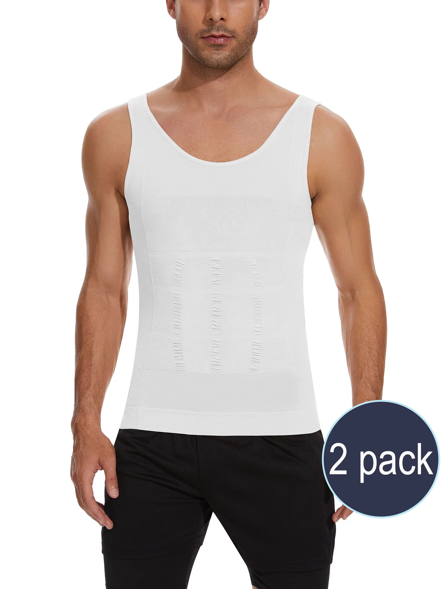 QRIC 2 Pack Mens Compression Shirts Shapewear Slimming Body Shaper Tank Top Vest Belly Control Undershirt White XL