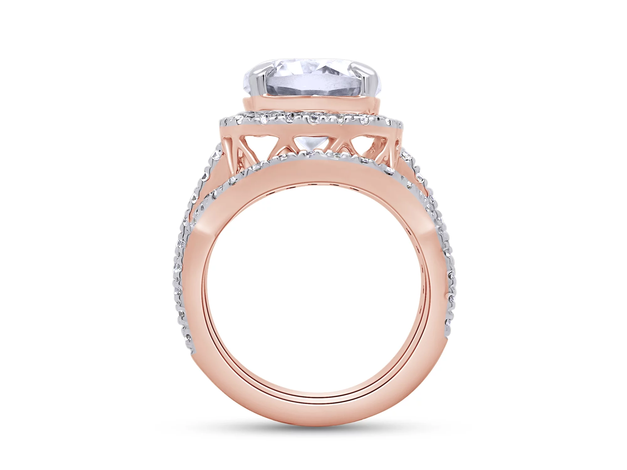 3 1/2 Ct Cushion & Round Cut Lab Created Moissanite Diamond Engagement Ring & Double Wedding Band Halo Bridal Set, Wedding Rings Bands in 14k Rose Gold 3.50 Cttw, G-H/VVS1 Gift Jewelry-6