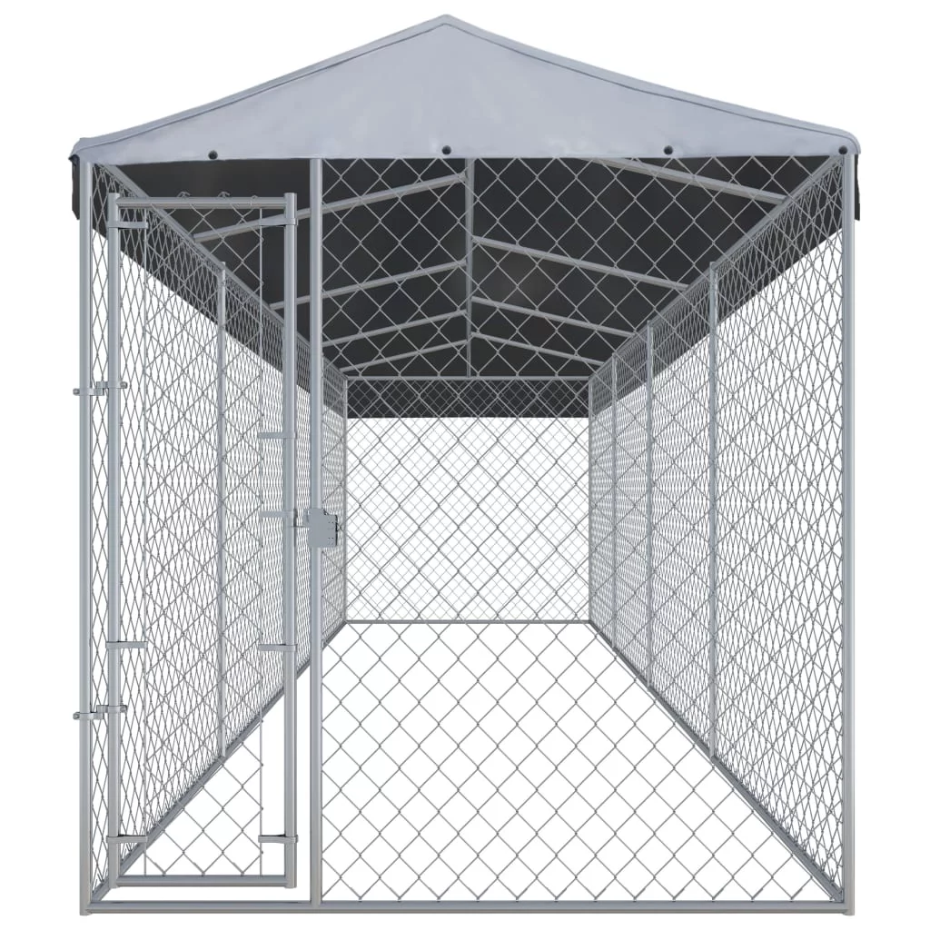 Anself Single-Door Outdoor Steel Dog Kennel with Roof, Silver, X-Large, 299