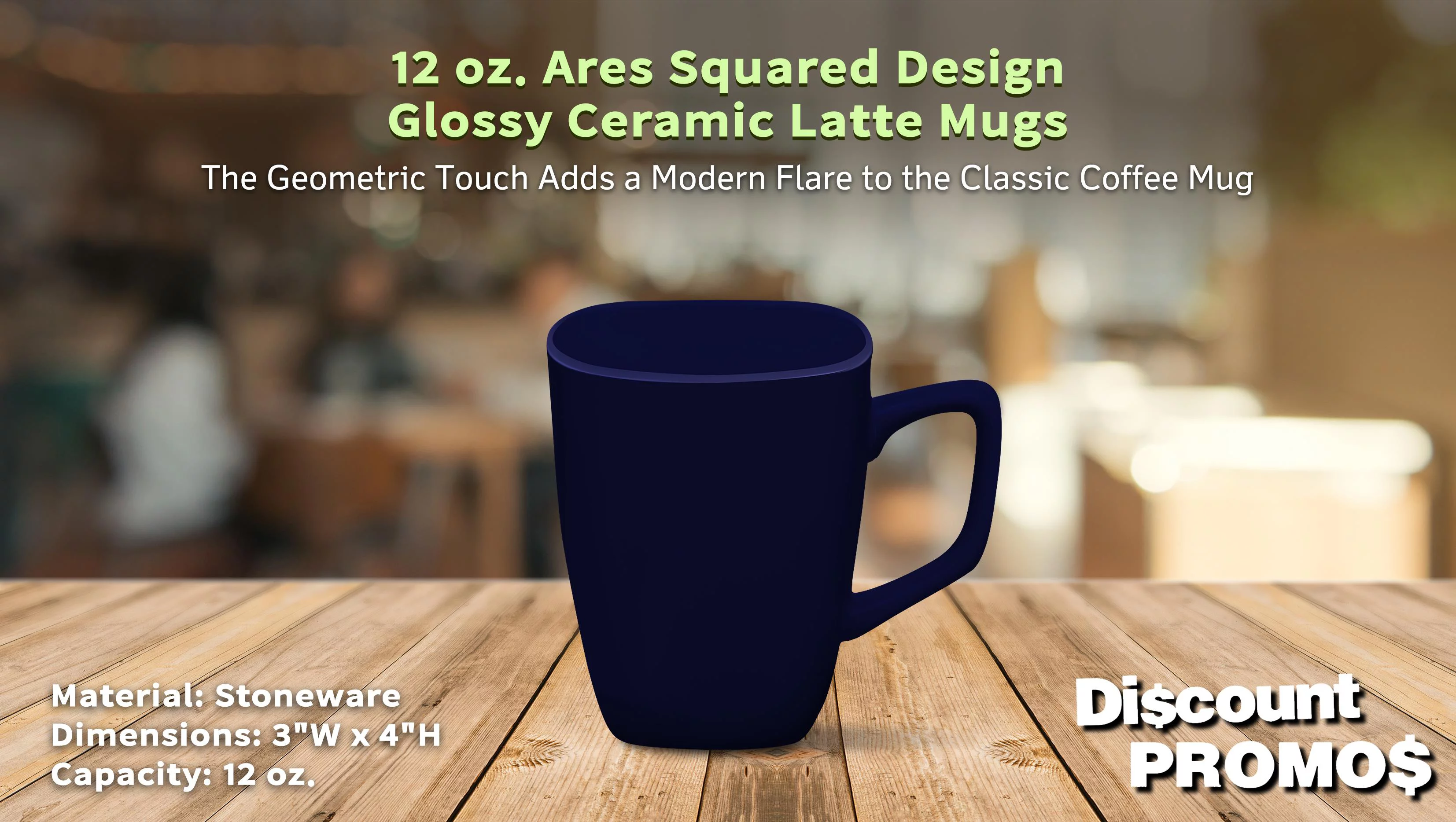 10 Ares Glossy Ceramic Latte Mugs Set, 12 oz. - Stoneware, Glossy, Durable, C-handle - Cobalt Blue