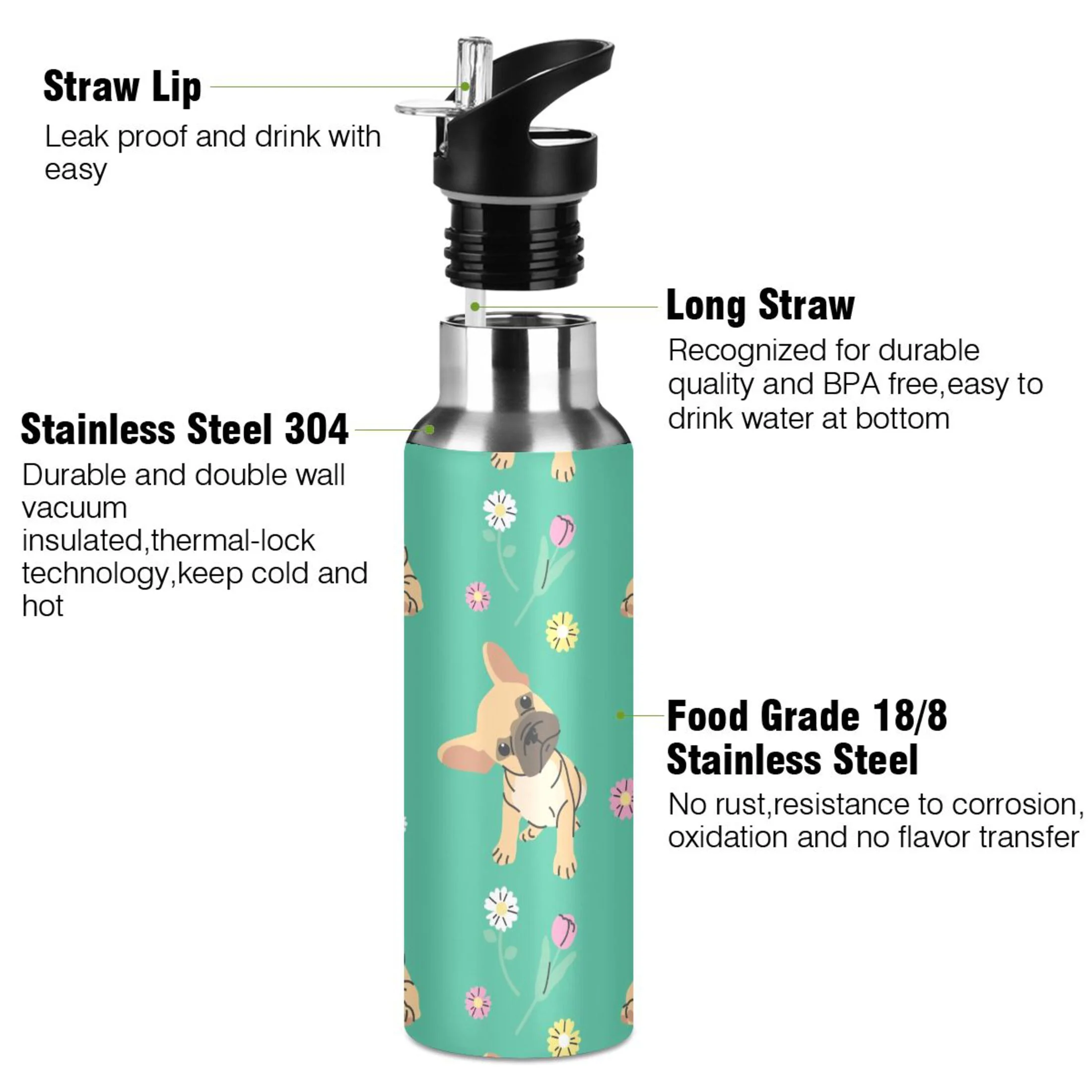 Water Bottle with Straw Lid Leak Dogs and Flowers on Green Stainless Steel Insulated Thermos Vacuum Flask for Cold Hot Drinking for Sports Camping Gym Yoga