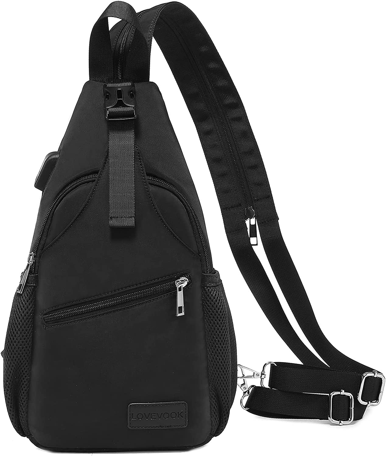 LOVEVOOK Sling Bag for Women, Nylon Casual Daypack Crossbody Sling Backpack with USB Port for Travel Hiking Walking -Black