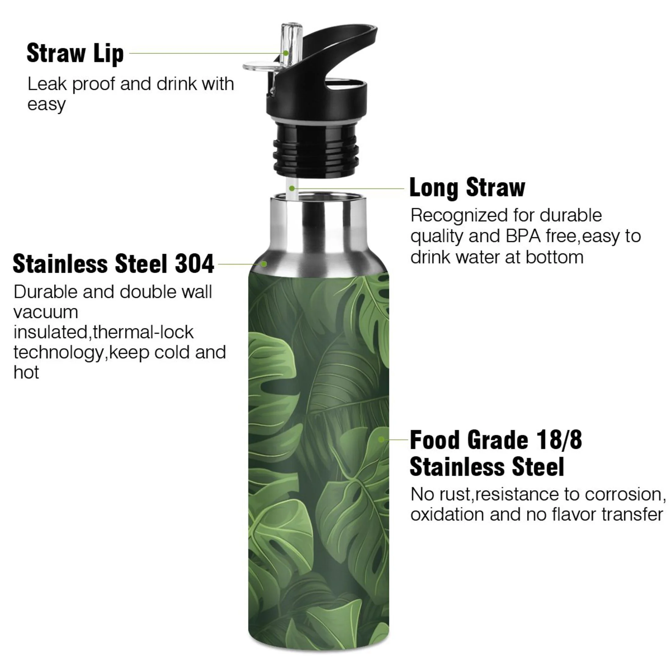 Tropical Leaf Water Bottles Insulated Thermos Kids Stainless Steel Bottle with Straw Lid Flask Leakproof for Sports Gym 20 oz