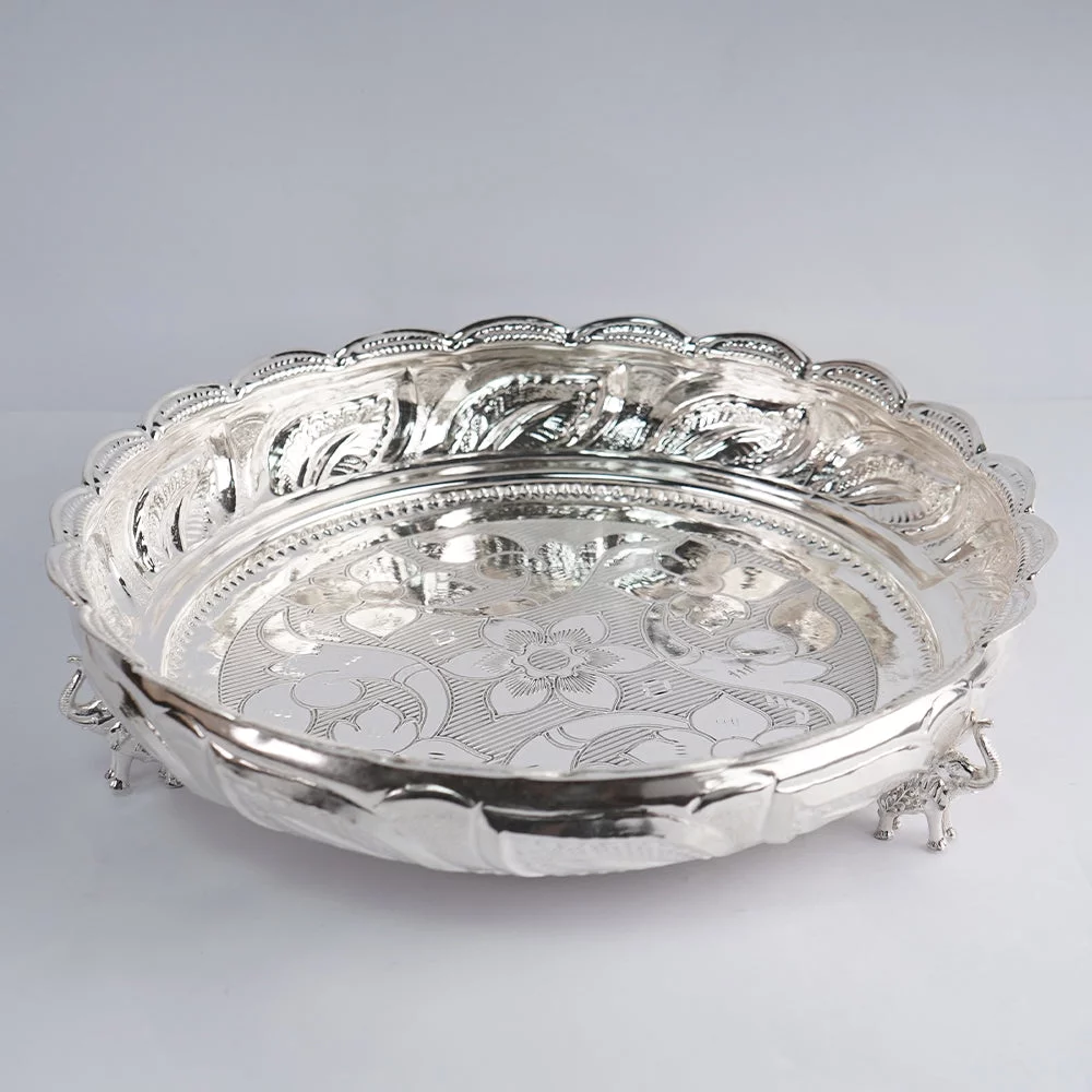 Pure Silver Floral Design Plate 420g, Handmade Solid Silver Plate, Idols Puja Prasadam (Foods) Plates Puja Article, Silver Gifting Utensils