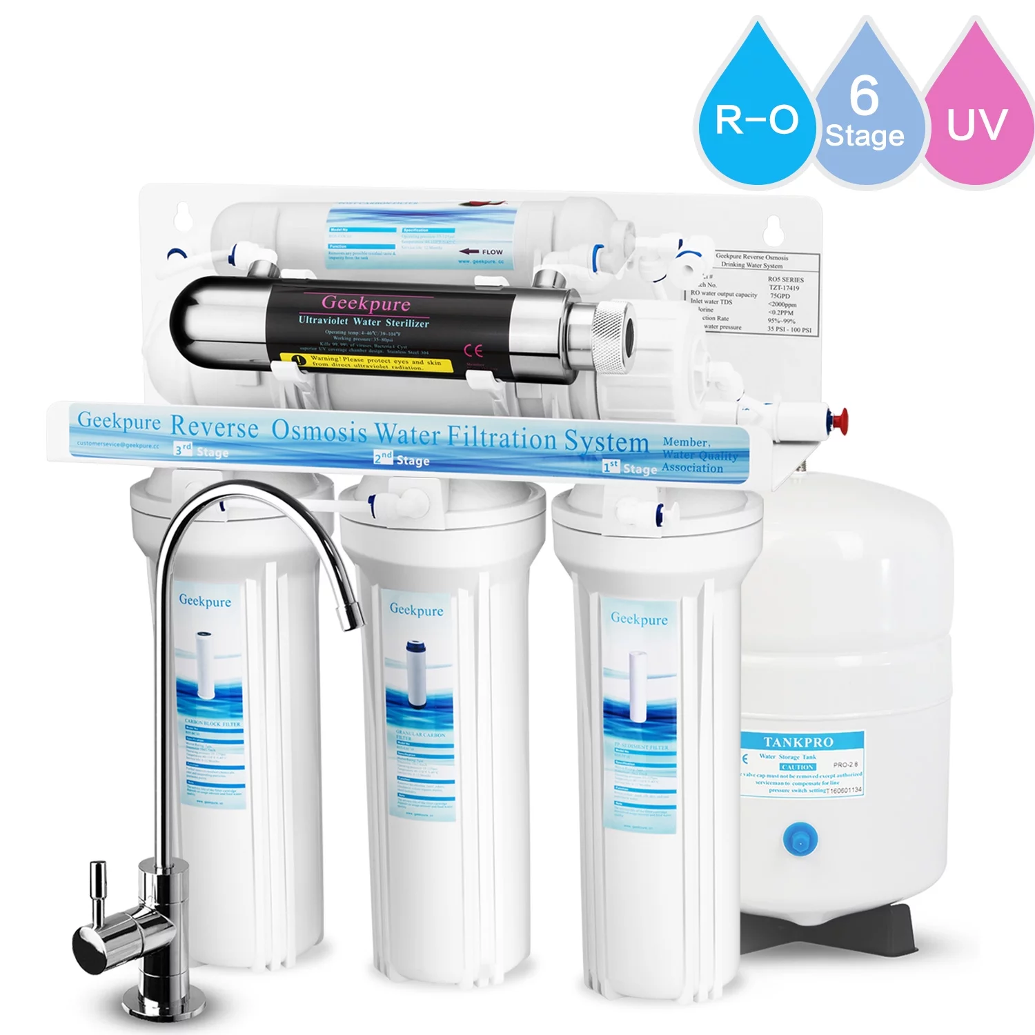 Geekpure 6-stage Reverse Osmosis Drinking Water Filter System With Ultraviolet Sterilizer Filter-75GPD