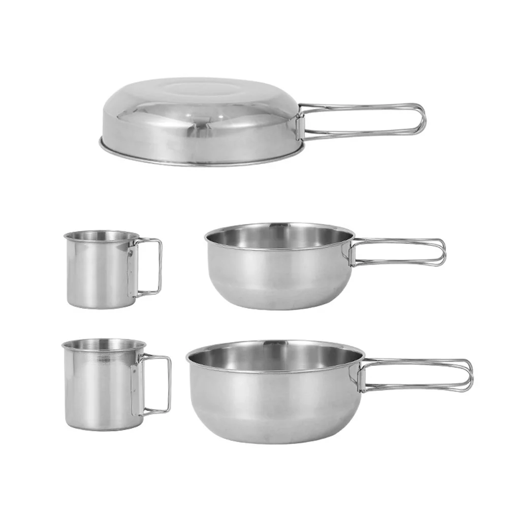 Apexeon Camping Cookware Set, Stainless Steel Travel Tableware, Portable Picnic Kit, 5pcs, Bowl Cups Pan Set