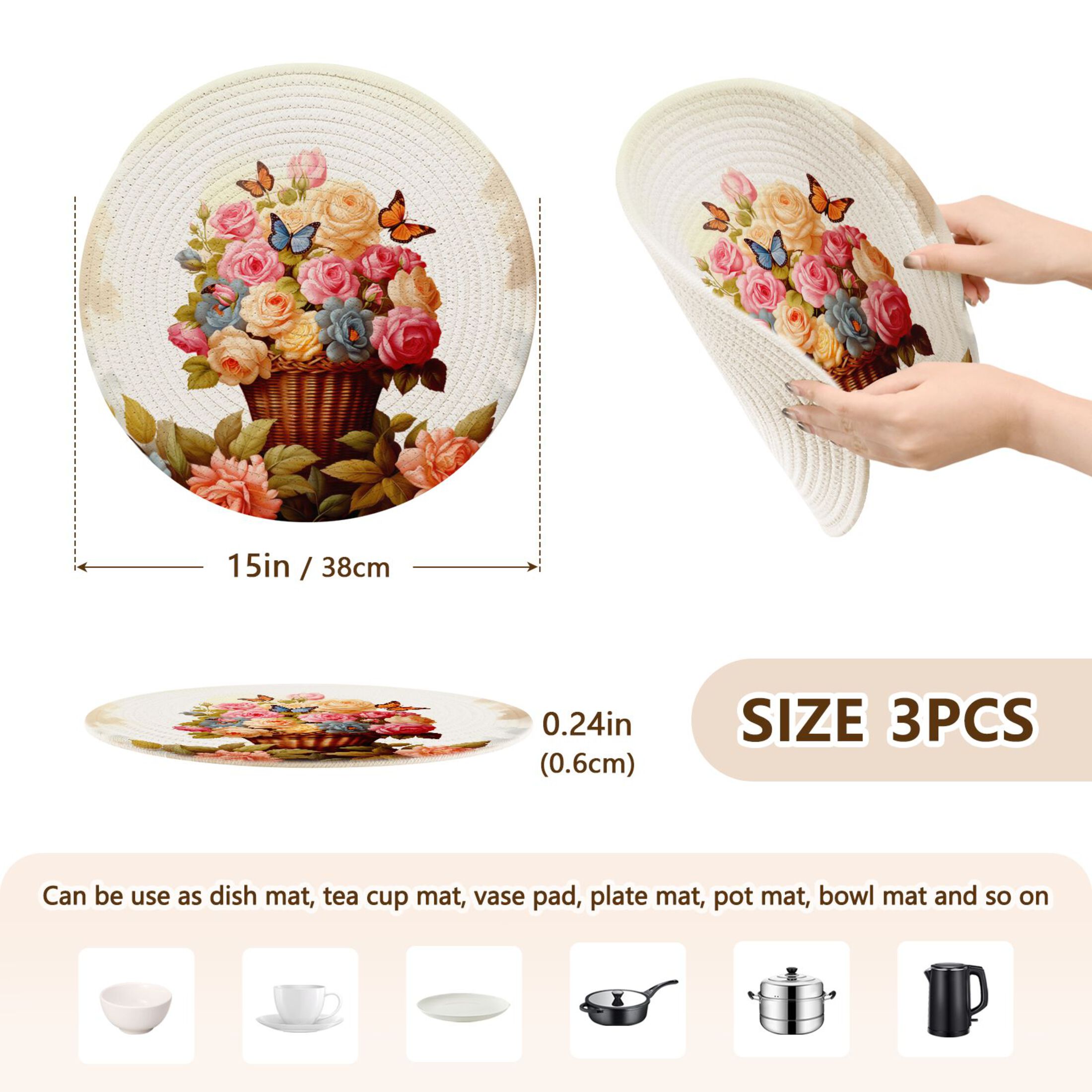 Butterfly on Multi Rose Flowers 3 PCs Pot Holders Trivets Kitchen 15