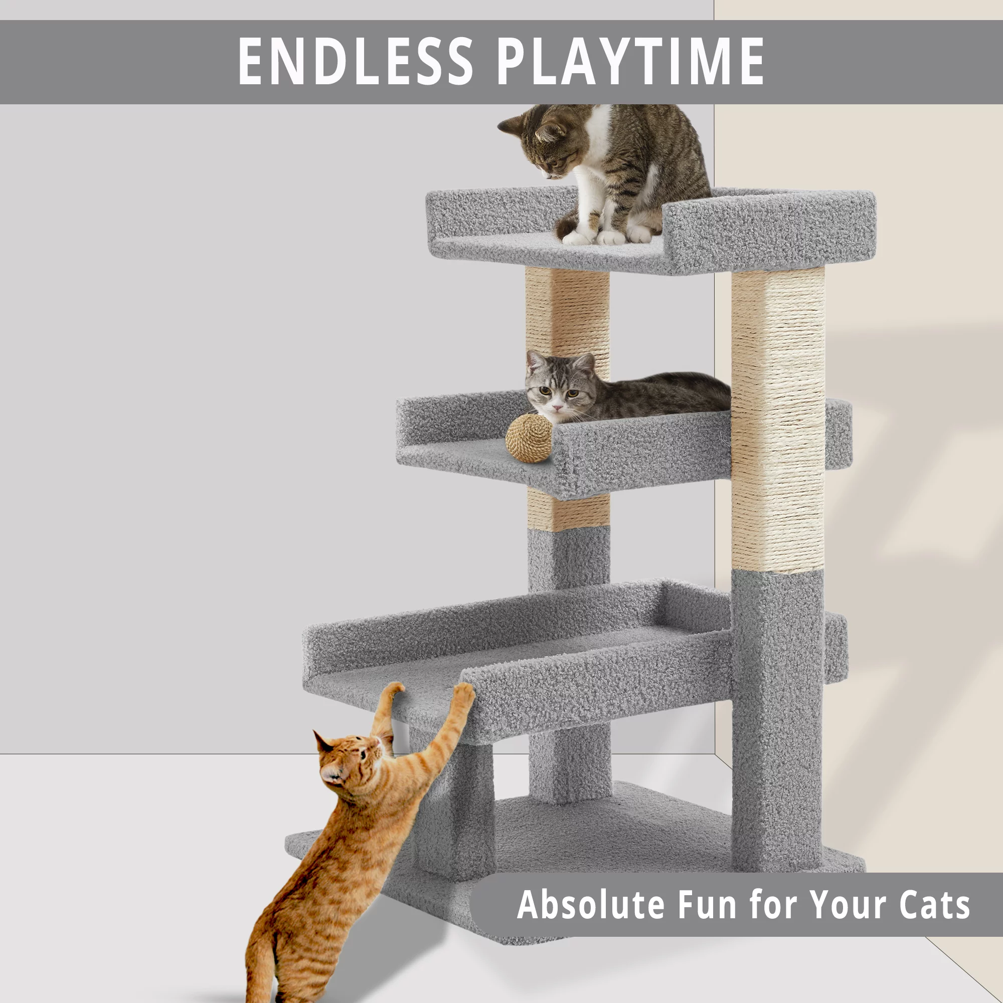 Naomi Home Multi-level Cat Tower for Large Cats to Climb, Cat Home, Cat Play Tower, Indoor Kitty Activity Center-Color: Gray