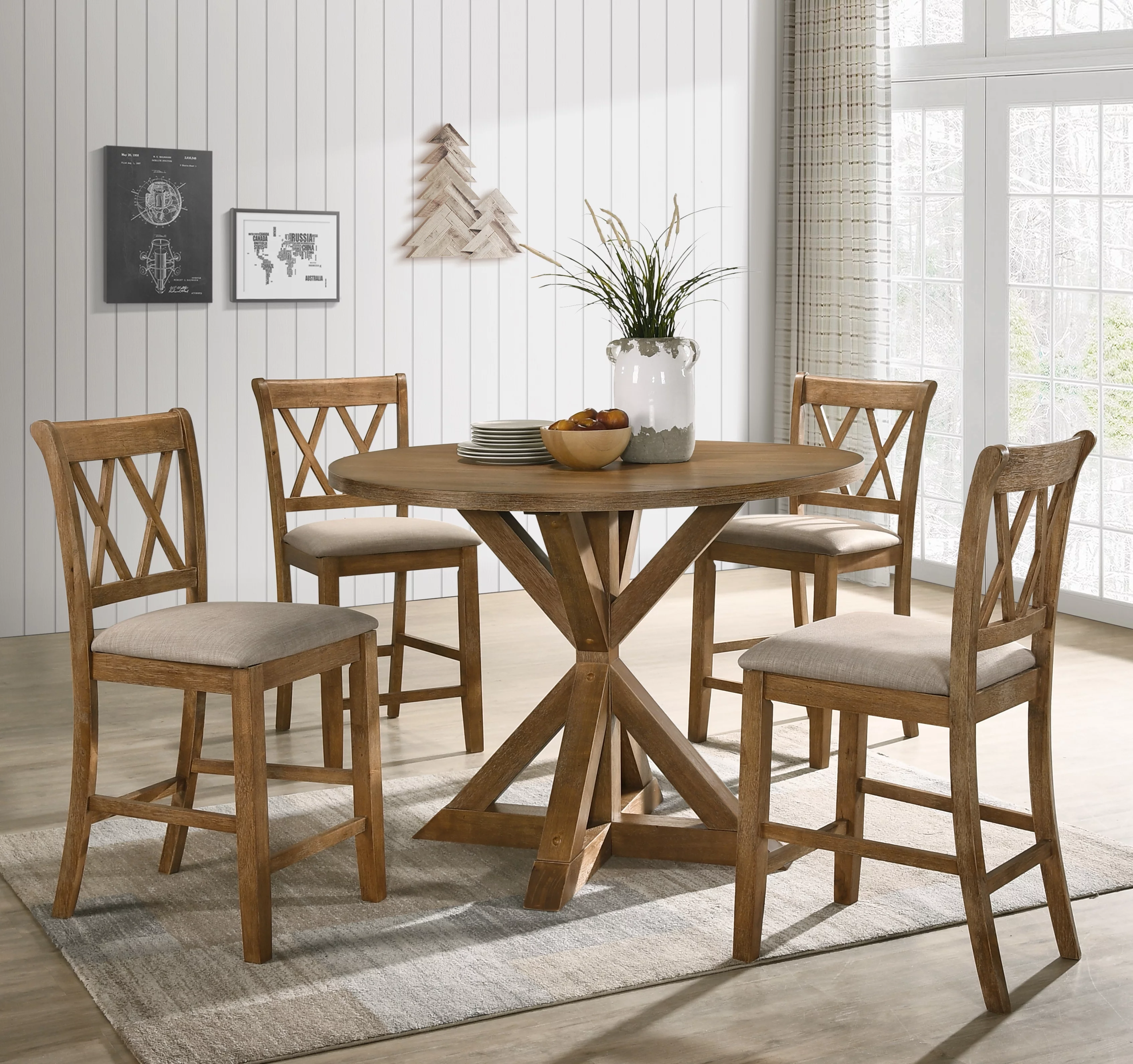 Windvale Cross-Buck Wood 5-Piece Counter Height Dining Set