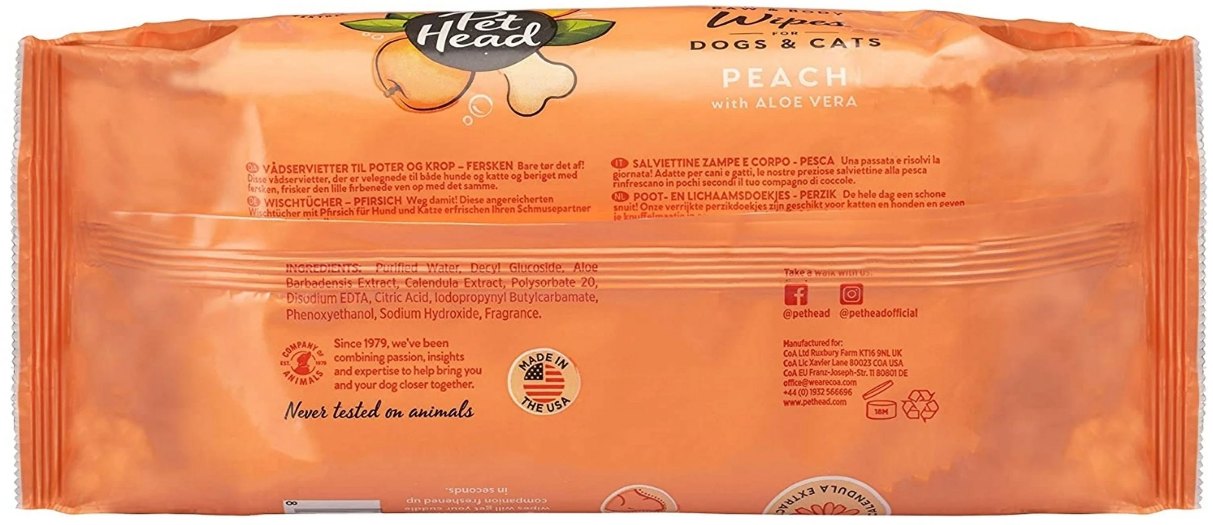 Pet Head Quick Fix Paw and Body Wipes for Dogs and Cats Peach with Aloe Vera [Dog Grooming Wipes, Dog Supplies] 240 count (3 x 80 ct)