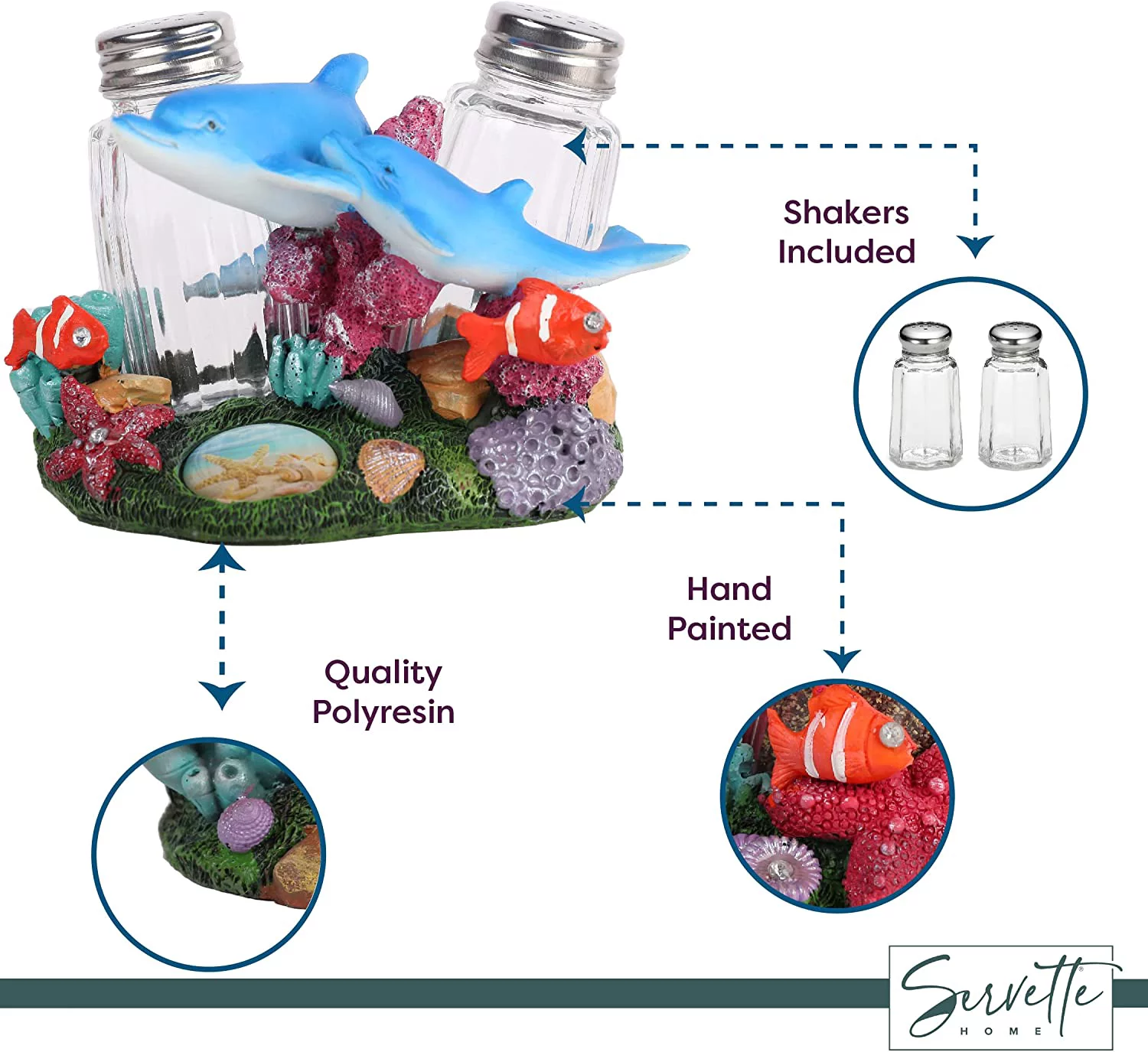 Servette Home Ocean-Themed Dolphin Salt and Pepper Shakers with Stand