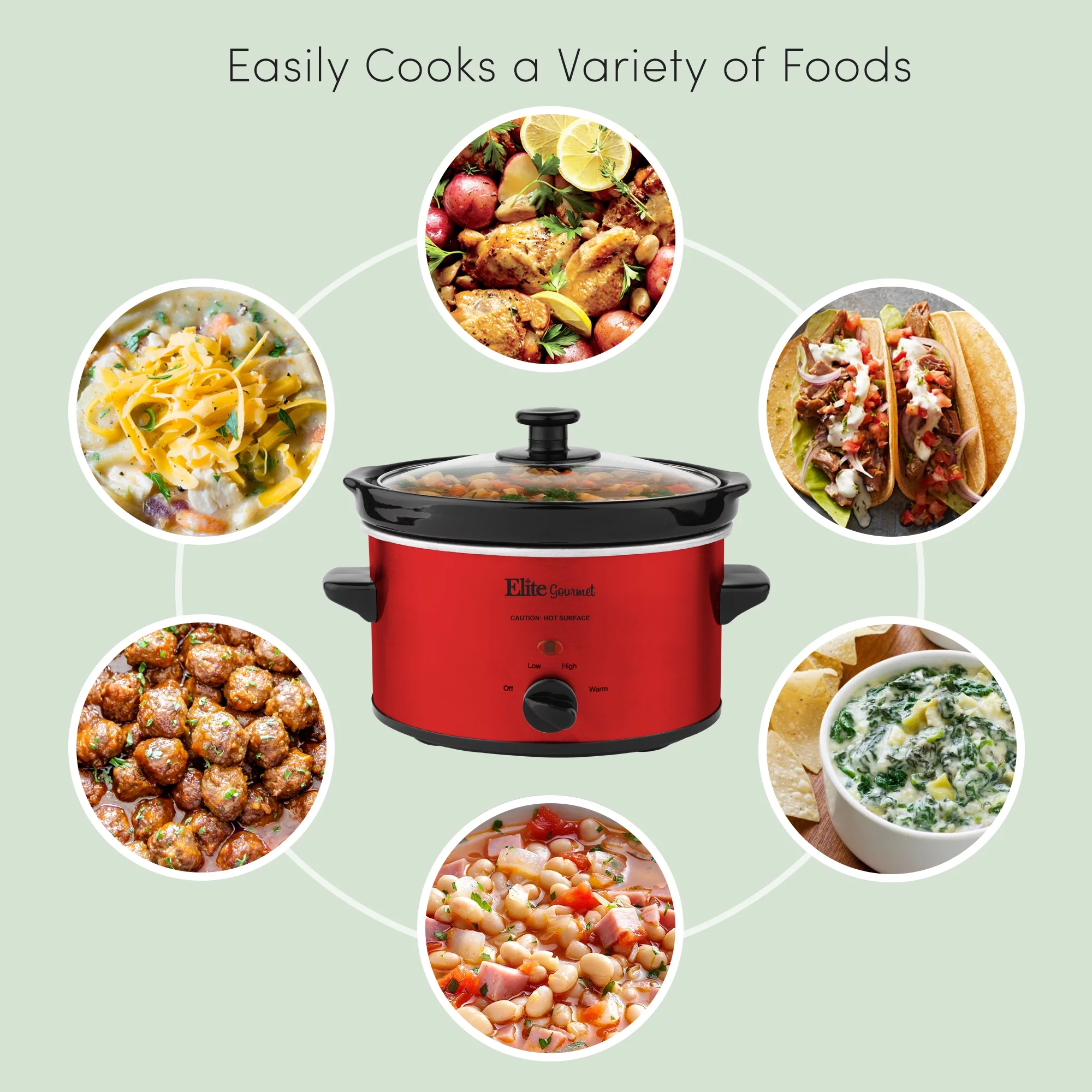 Elite Gourmet 2 Qt Oval Slow Cooker Red
