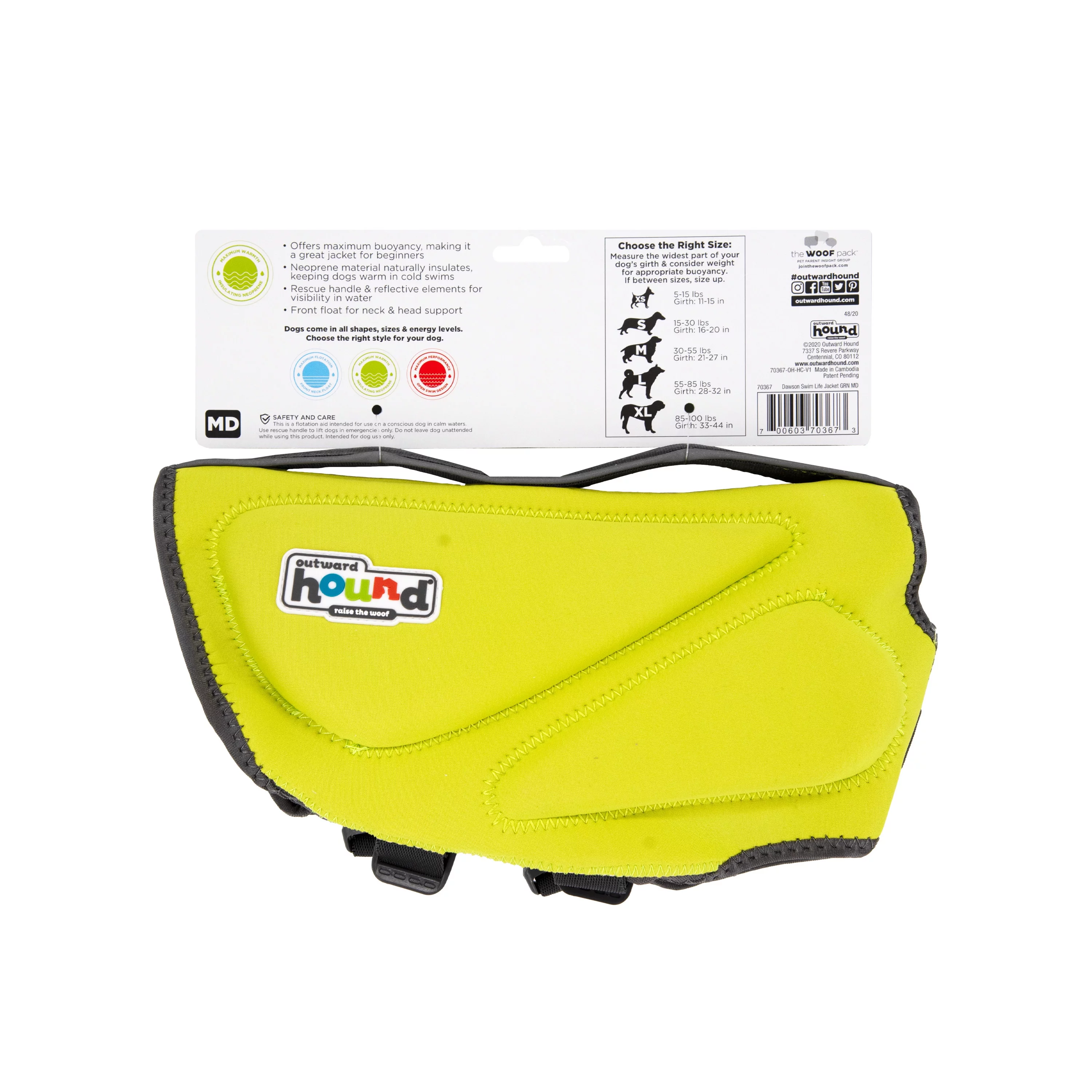 Outward Hound Dawson Swim Dog Life Jacket, Green, Medium