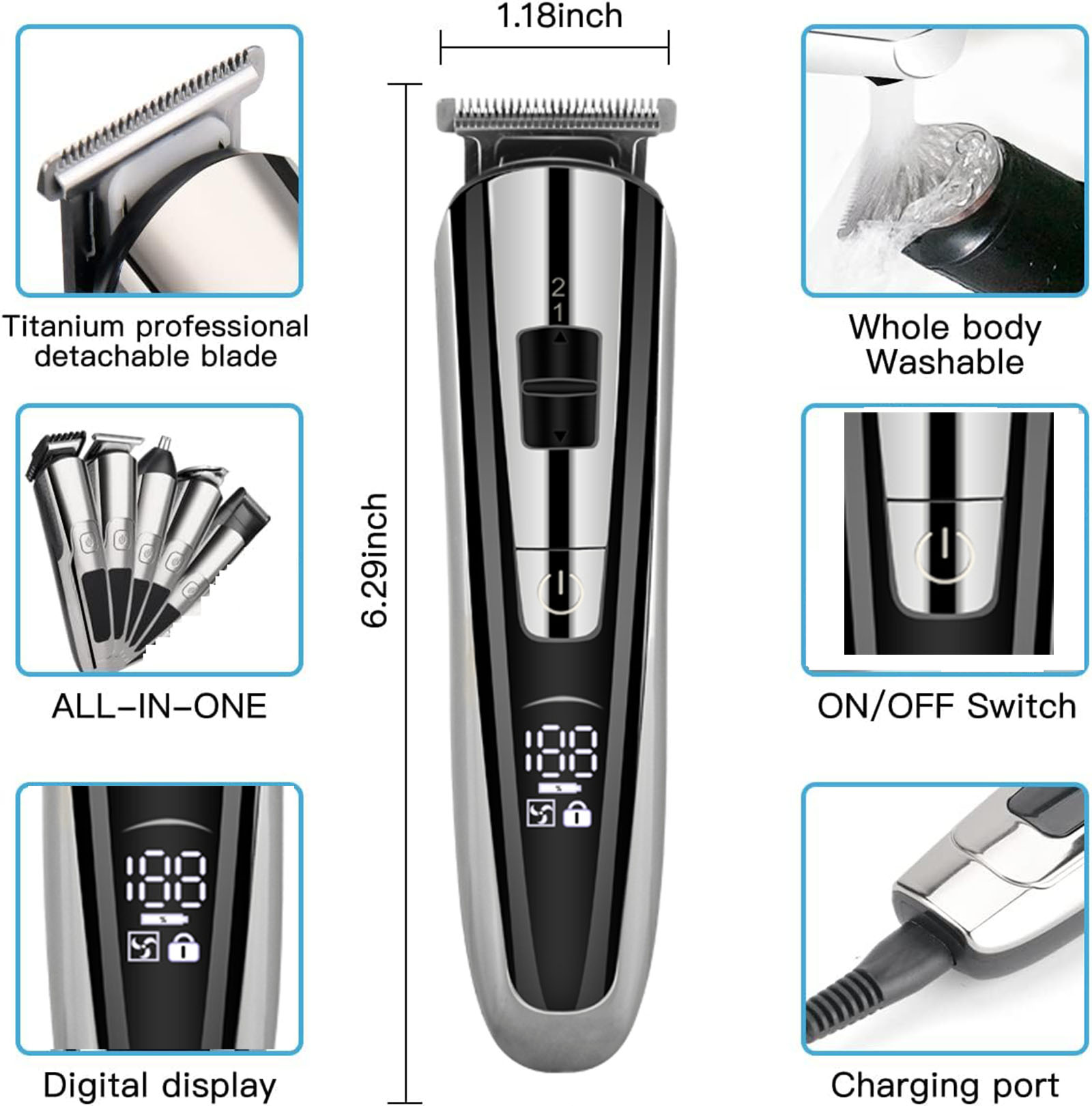 KIDSOL Barber, Beard Trimmer, Nose Hair Trimmer, Sculpting and Styling, Show Sideburns, 5-in-1 Multi-Functional Grooming Kit, USB Fast Charging and Power Operation for Men, Head, Nose, Ear and Body