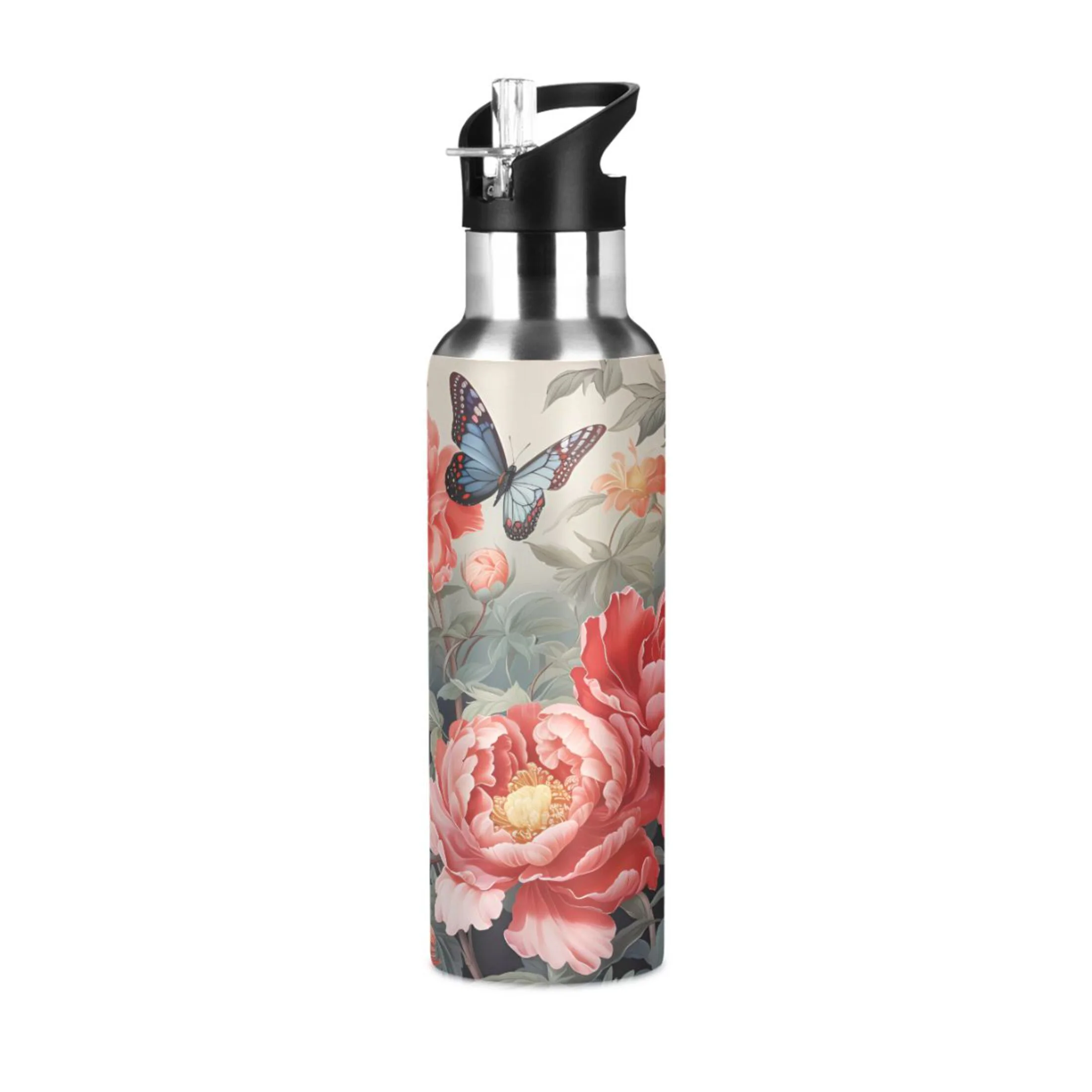 Water Bottle with Straw Lid Leak Butterflies and Flowers Stainless Steel Insulated Thermos Vacuum Flask for Cold Hot Drinking for Sports Camping Gym Yoga
