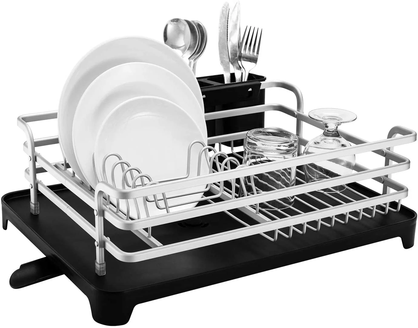 Aluminum Dish Rack with Cutlery Holder Removable Drainer Tray, Silver