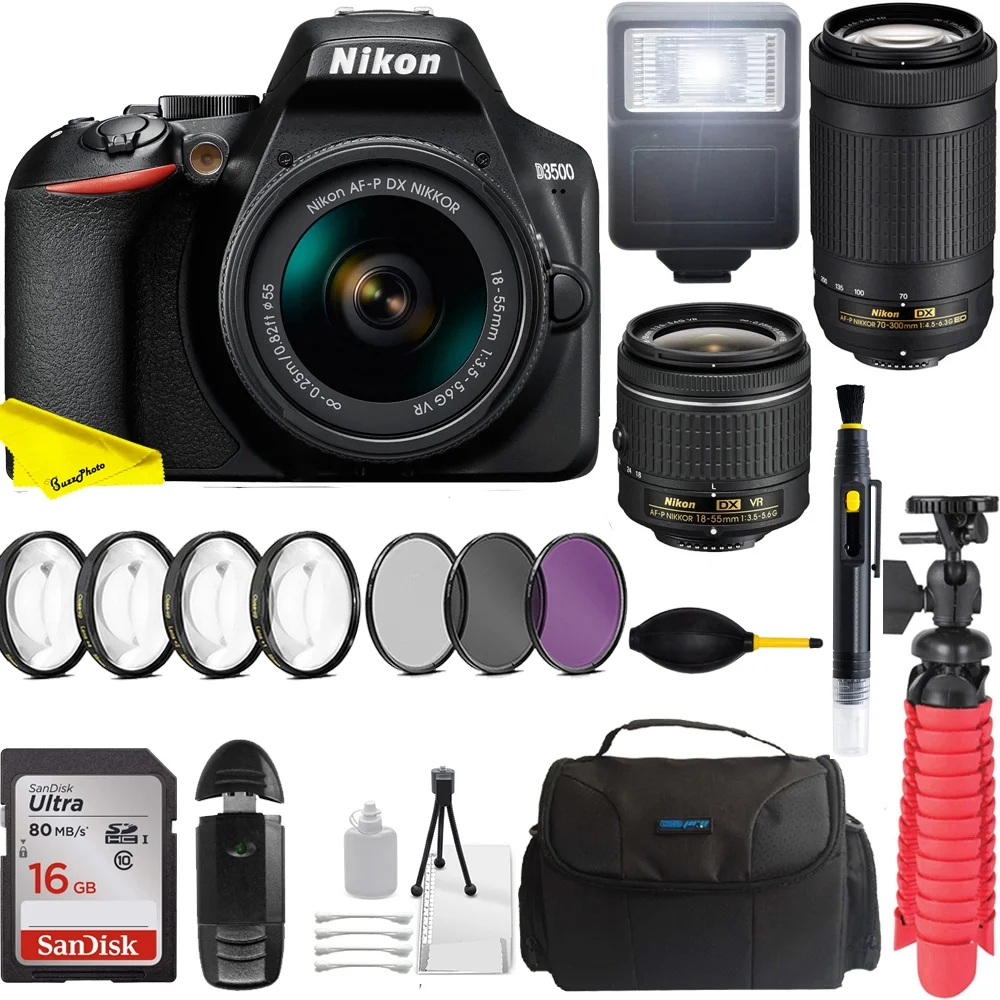 Nikon D3500 24.2MP DSLR Camera with AF-P 18-55mm VR Lens & 70-300mm Dual Zoom Lens Kit + Buzz-photo Accessories
