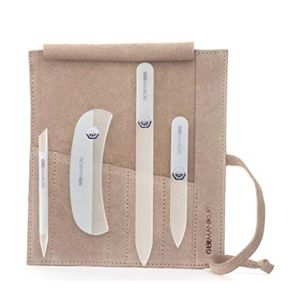 GERMANIKURE Crystal Glass Nail File Set in Beige Suede Case – Handmade in Czech Republic – Professional Manicure & Pedicure Supplies – Glass Cuticle Stick, Pusher, Callous Remover