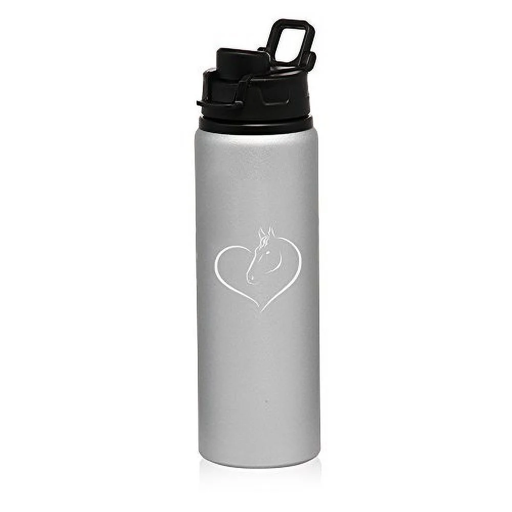 25 oz Aluminum Sports Water Travel Bottle Heart Horse (Silver)