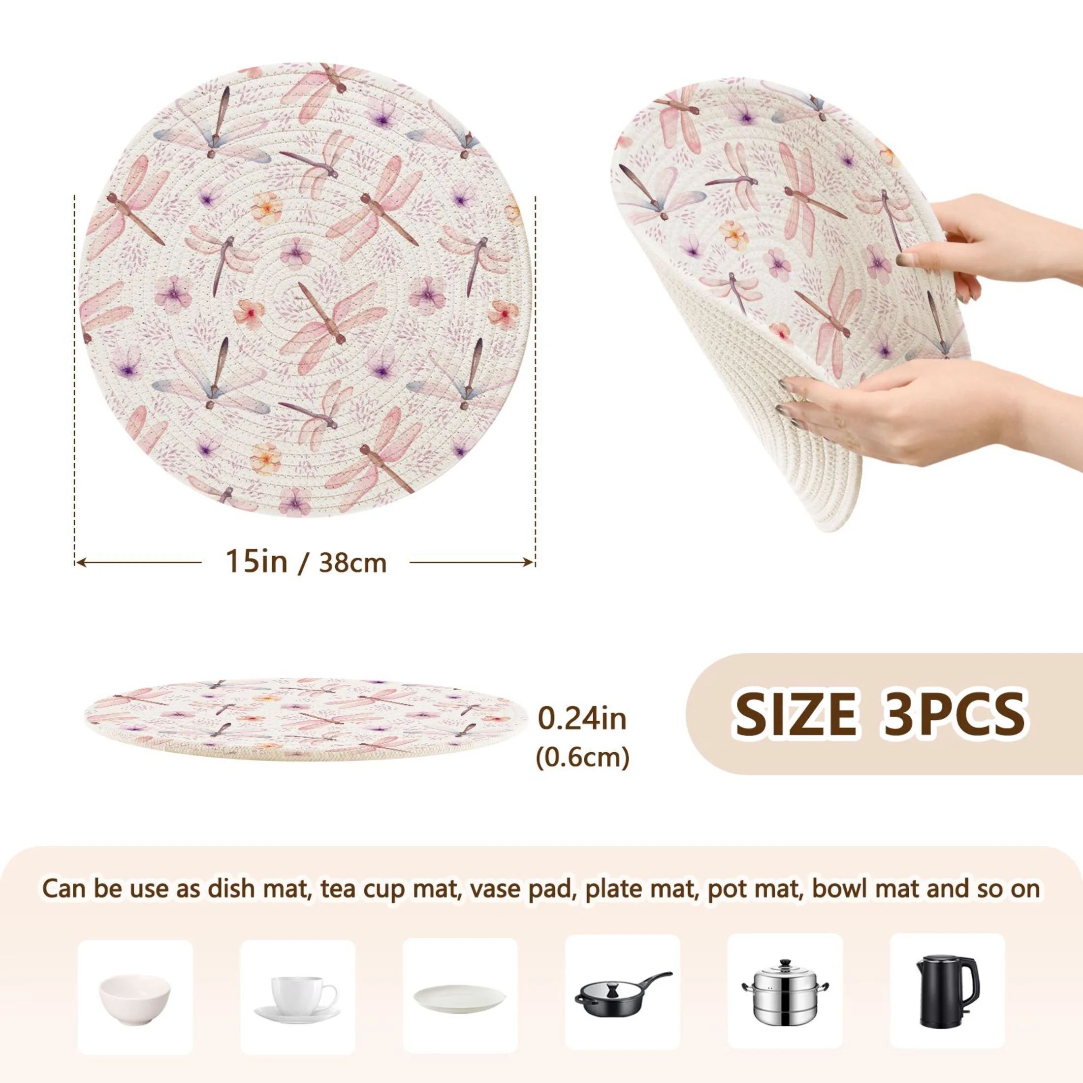 Pink Dragonflies 3 PCs Pot Holders Trivets Kitchen 15