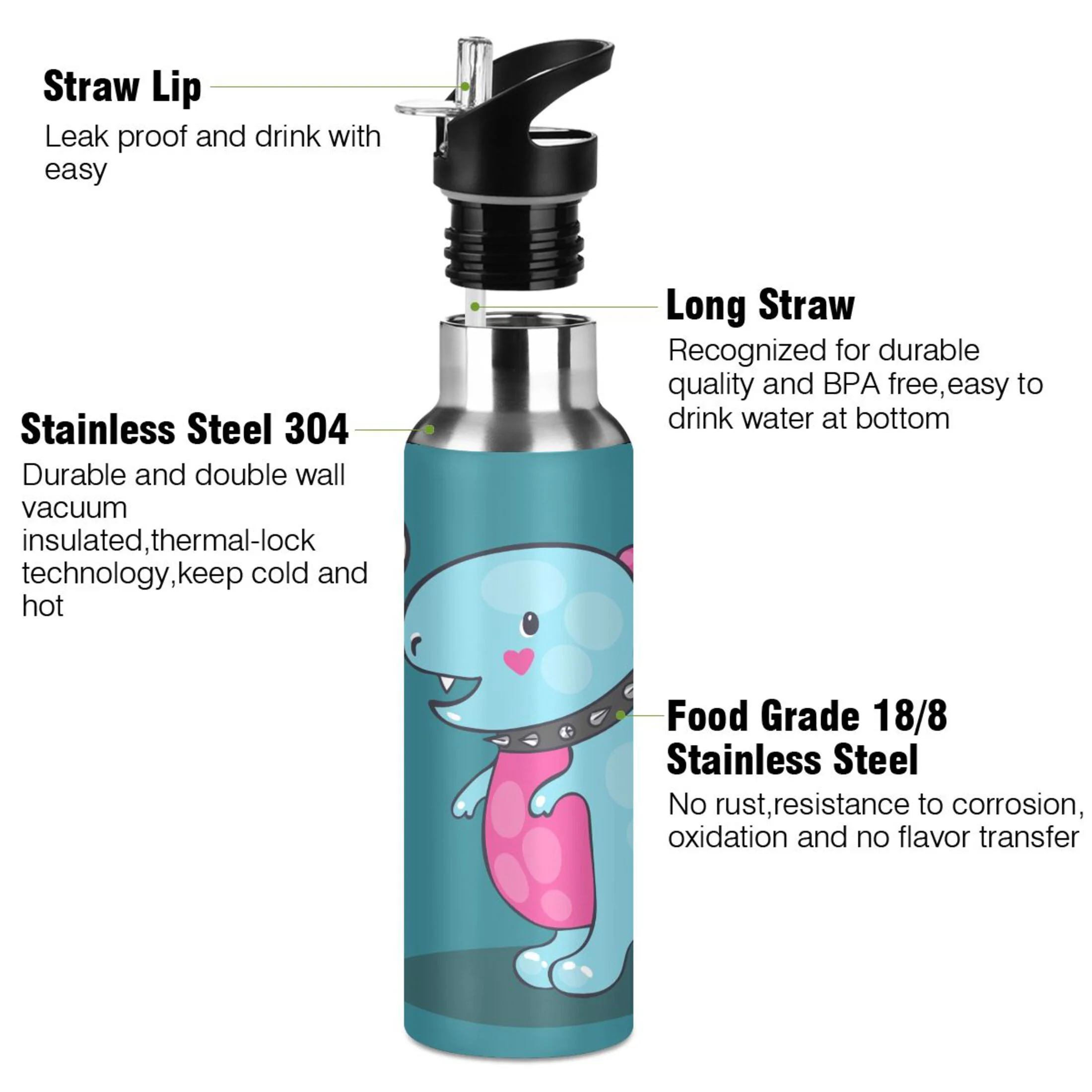 Stainless Steel Water Bottle Cute Dinosaur with Straw Lid Vacuum Insulated Keeps Hot and Cold Leak Proof Flask Jug for Gym Travel Sports Cycling Outdoor 20 OZ