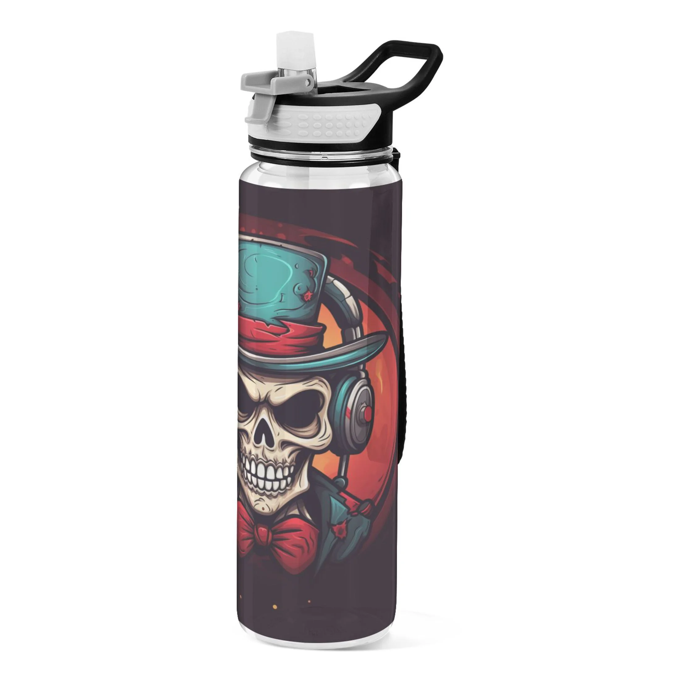 Cool Skeleton with Hat 32oz Sports Water Bottles Leakproof Tritan Bottle with Straw BPA Free Clear Bottle for Fitness Gym Outdoor Cycling