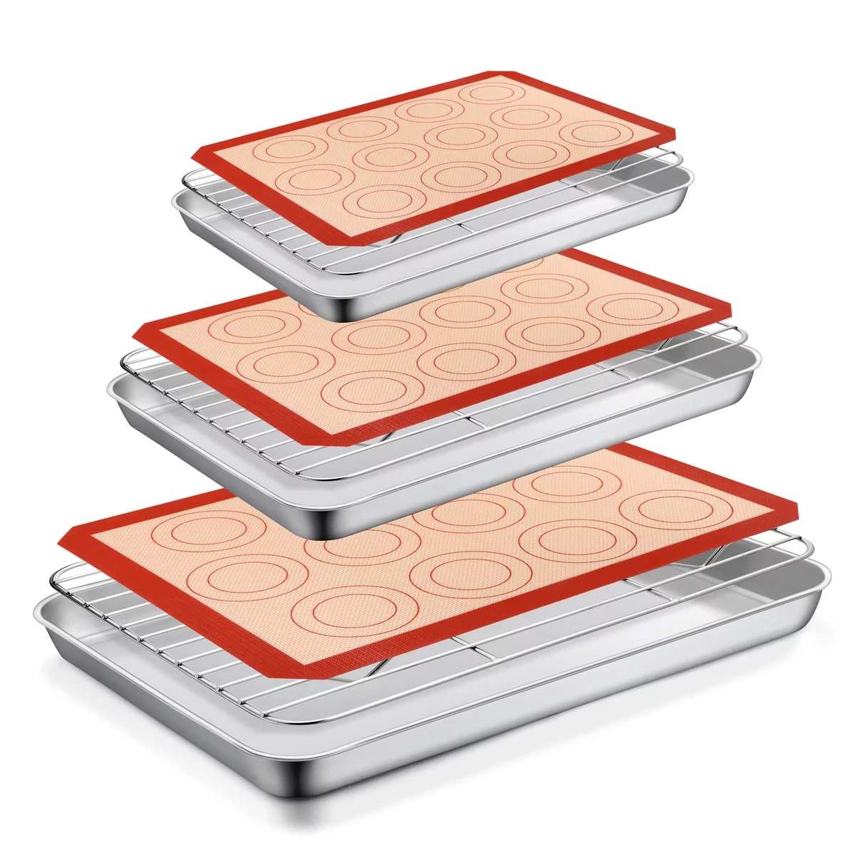 Vesteel Stainless Steel Baking Sheet Tray Cooling Rack with Silicone Baking Mat Set, Cookie Pan with Cooling Rack Set of 9 (3 Sheets + 3 Racks + 3 Mats), Heavy Duty & Dishwasher Safe