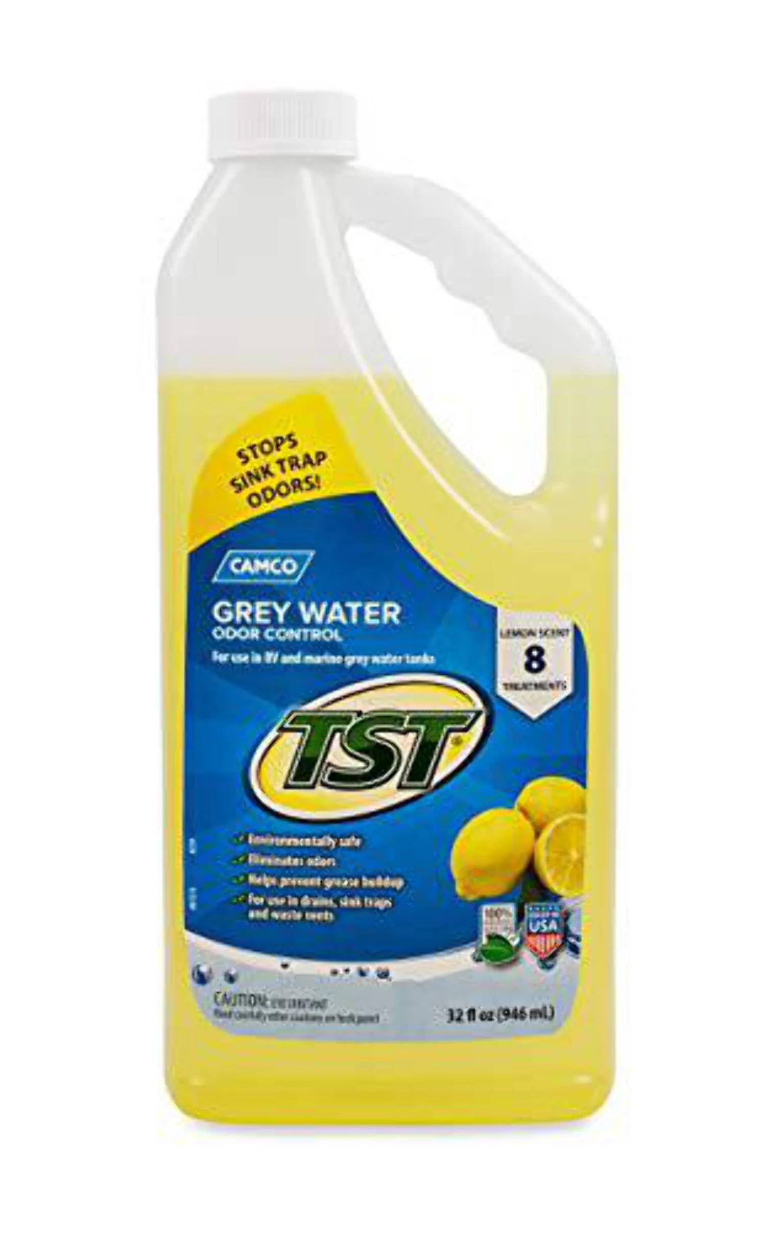 Dorman Camco TST Lemon Scent RV Grey Water Odor Control, Stops Sink Trap Odors, for Use In Drains, Sink Traps and Waste Vents, Treats up to 8 - 40 Gallon Holding Tanks (32 Ounce Bottle) - 40252