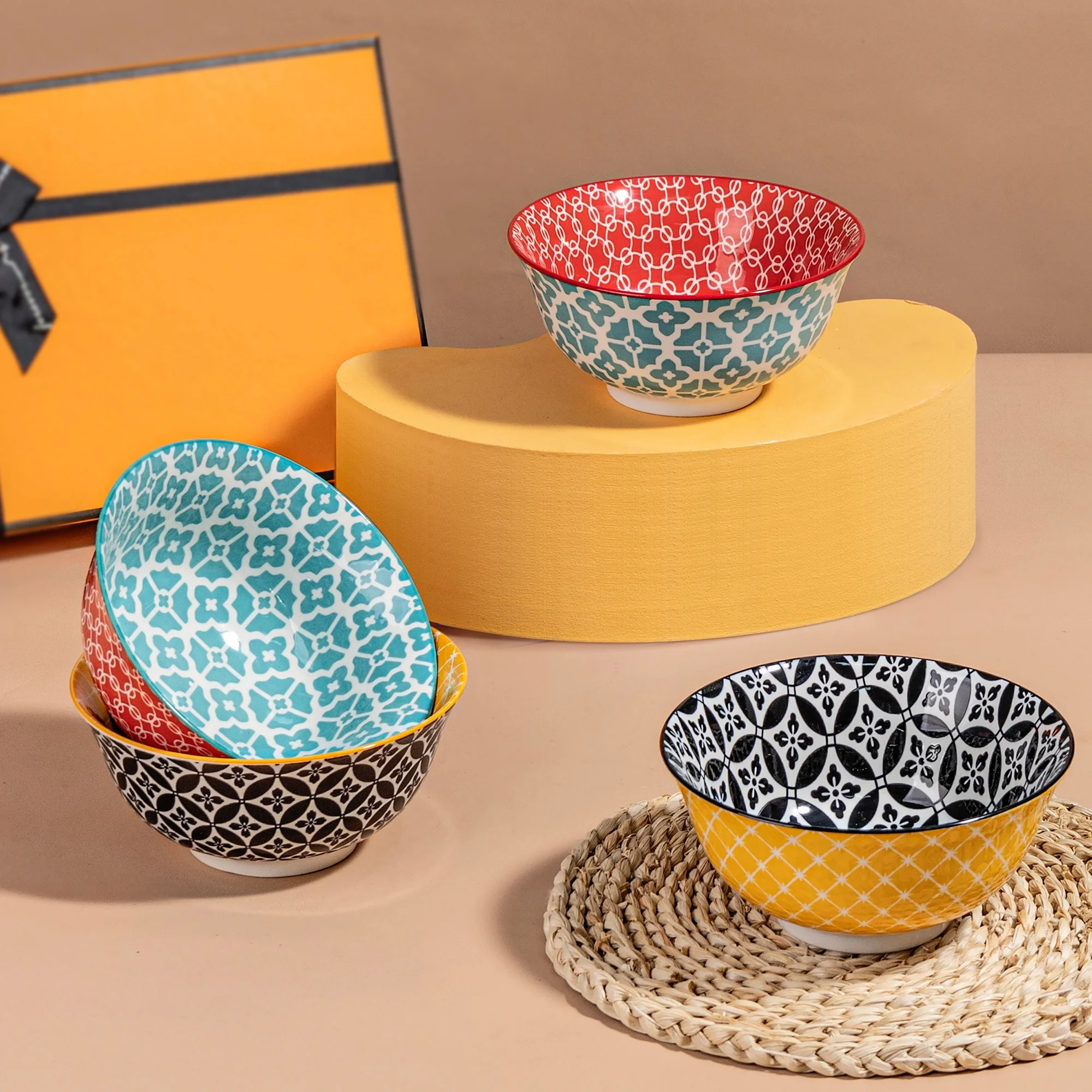 Dowan 4-Piece 6-Inch Vibrant Joy Ceramic Soup Salad Cereal Bowl 23OZ with Dishwashing Sponge