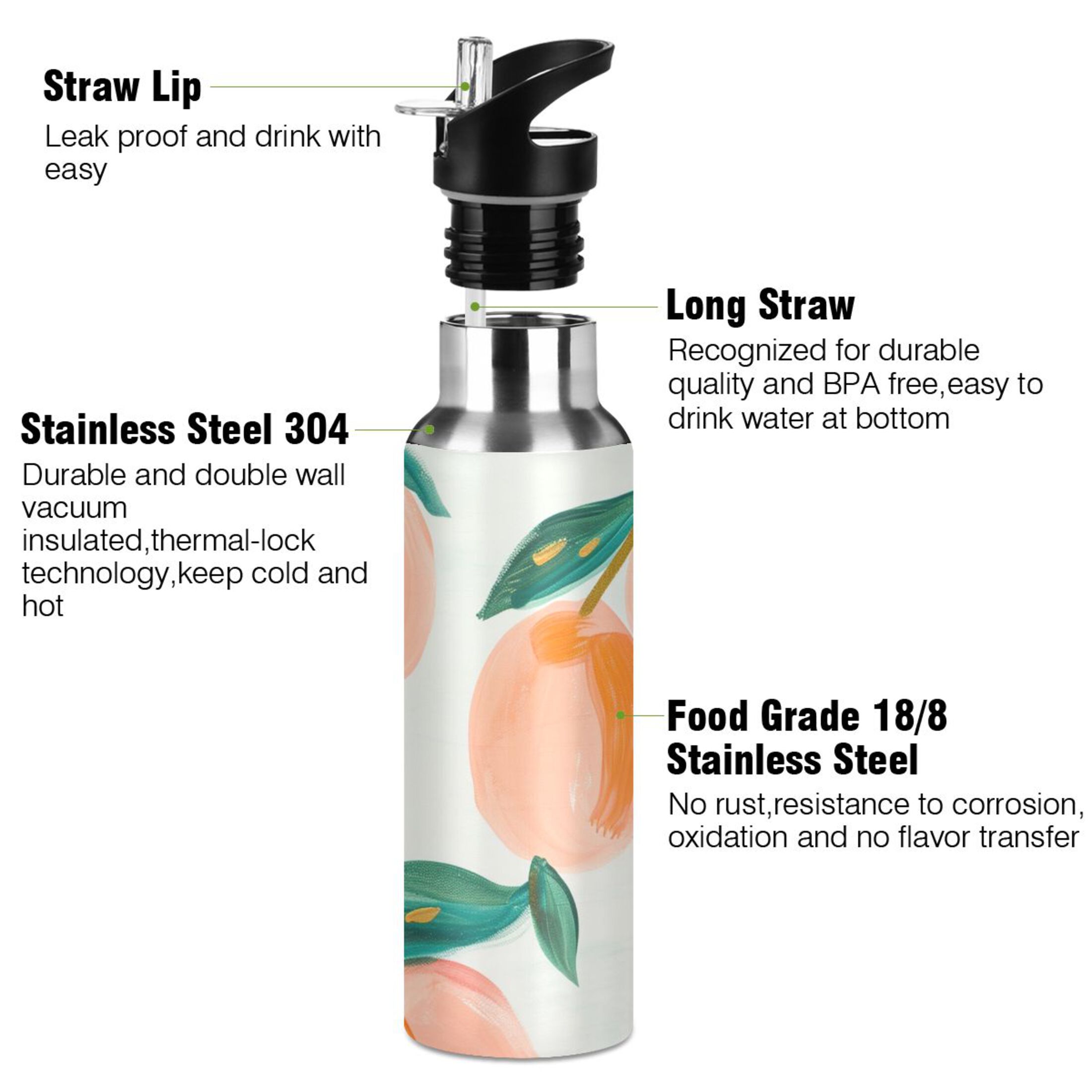 Peach Fruit Water Bottles Insulated Thermos Kids Stainless Steel Bottle with Straw Lid Flask Leakproof for Sports Gym 20 oz