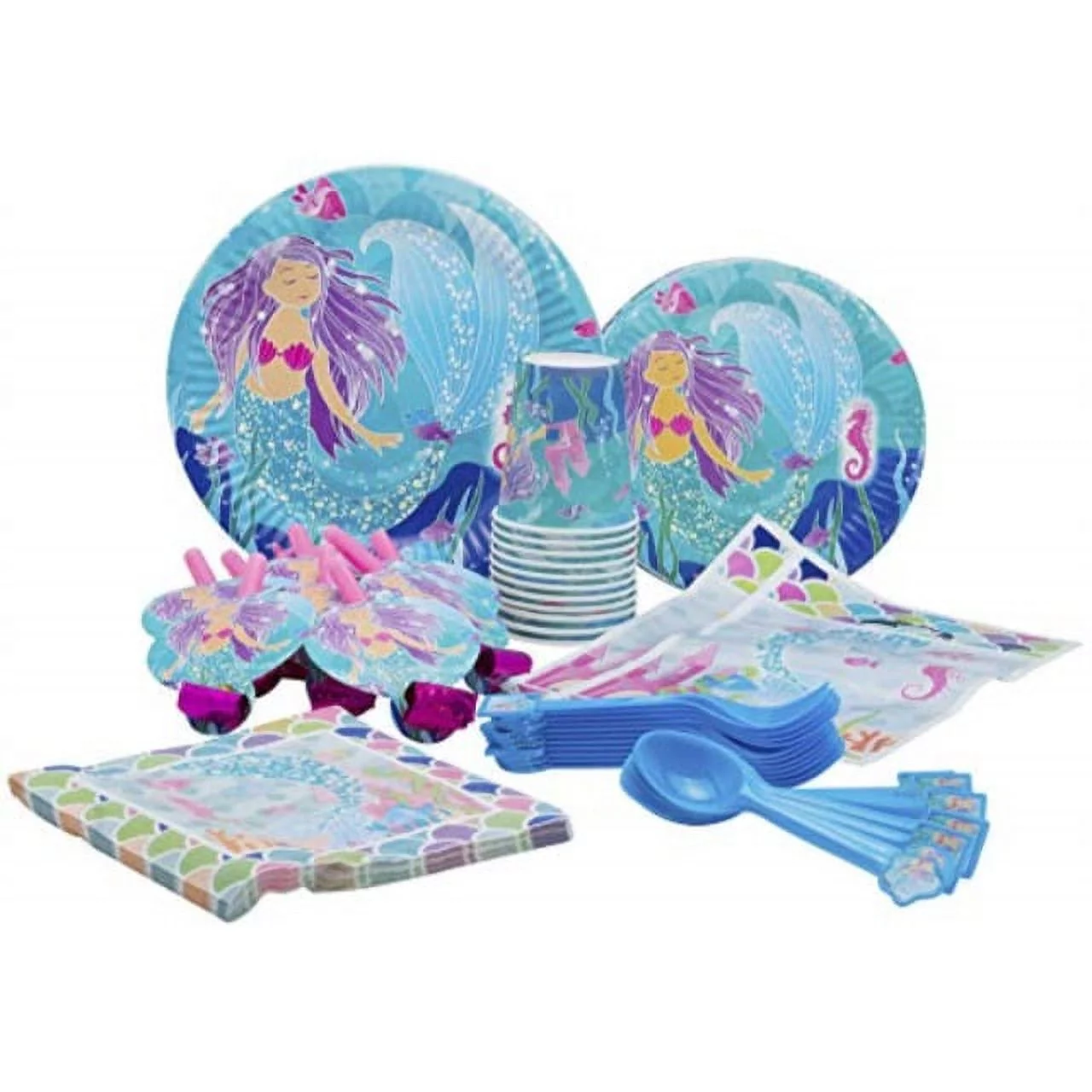mermaid theme party pack - disposable paper plates, cups, napkins, forks, spoons, gift bags and party blowers - serves 10