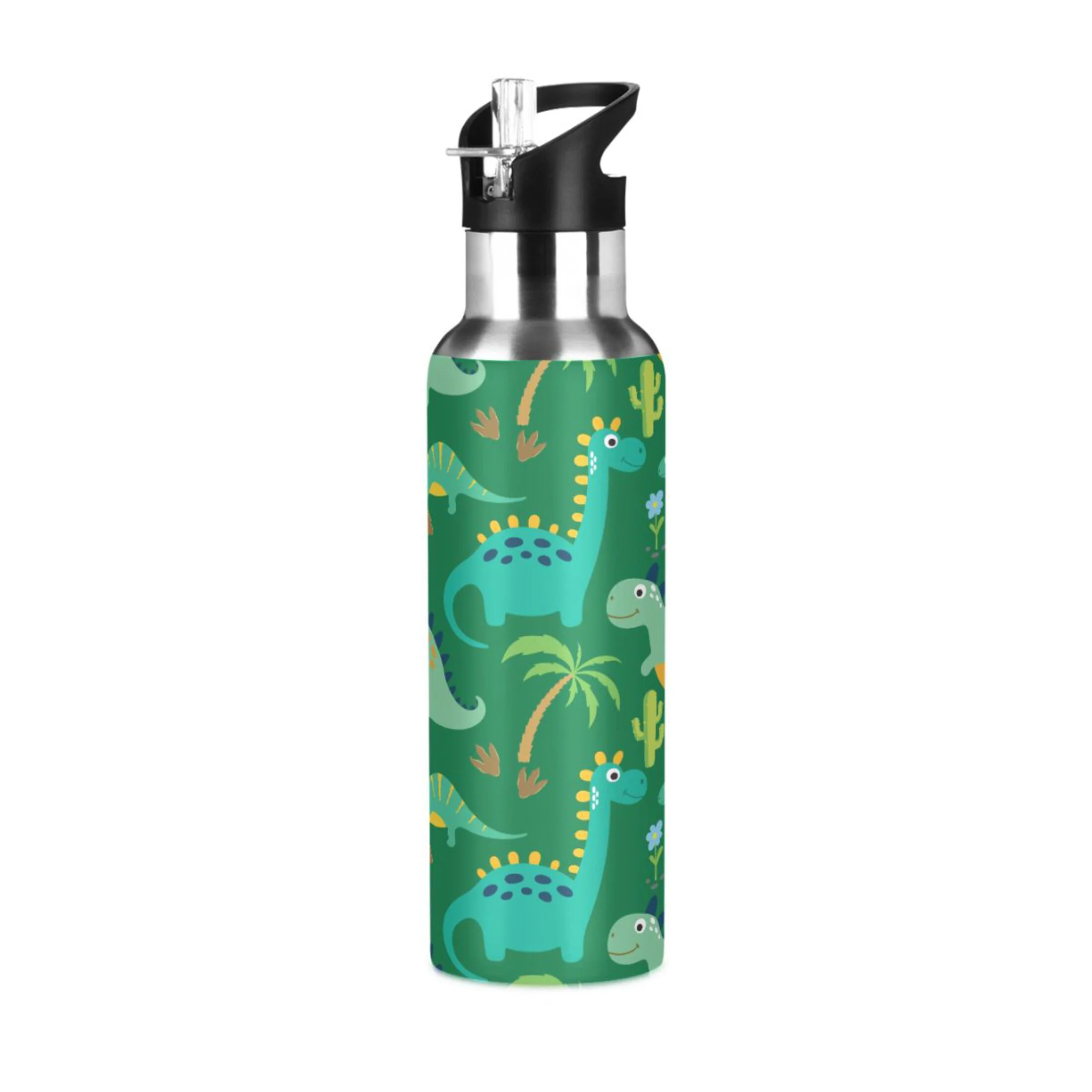 Stainless Steel Water Bottle Cute Dinosaur with Straw Lid Vacuum Insulated Keeps Hot and Cold Leak Proof Flask Jug for Gym Travel Sports Cycling Outdoor 20 OZ