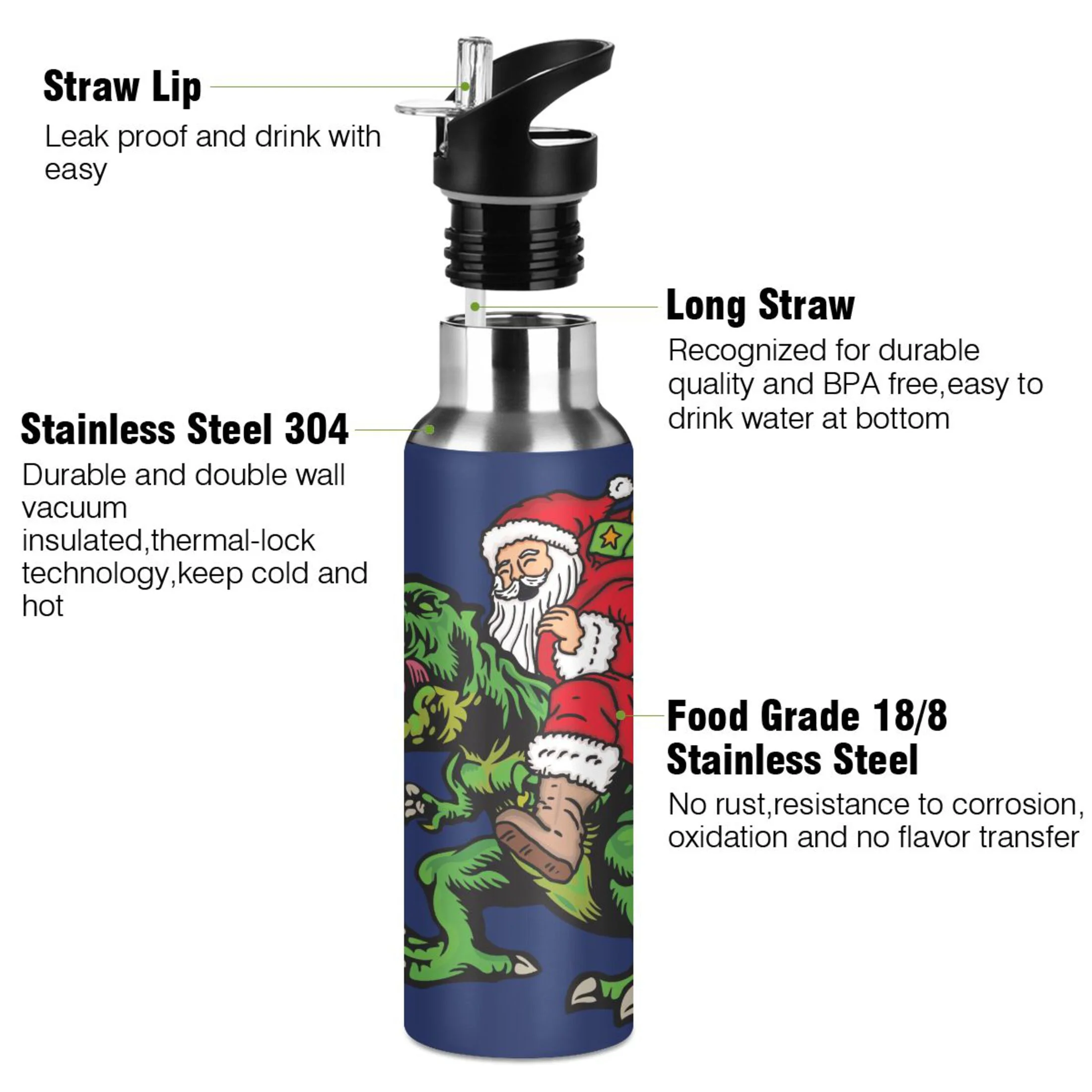 Water Bottle with Straw Lid Leak Santa Claus Riding Dinosaur Stainless Steel Insulated Thermos Vacuum Flask for Cold Hot Drinking for Sports Camping Gym Yoga