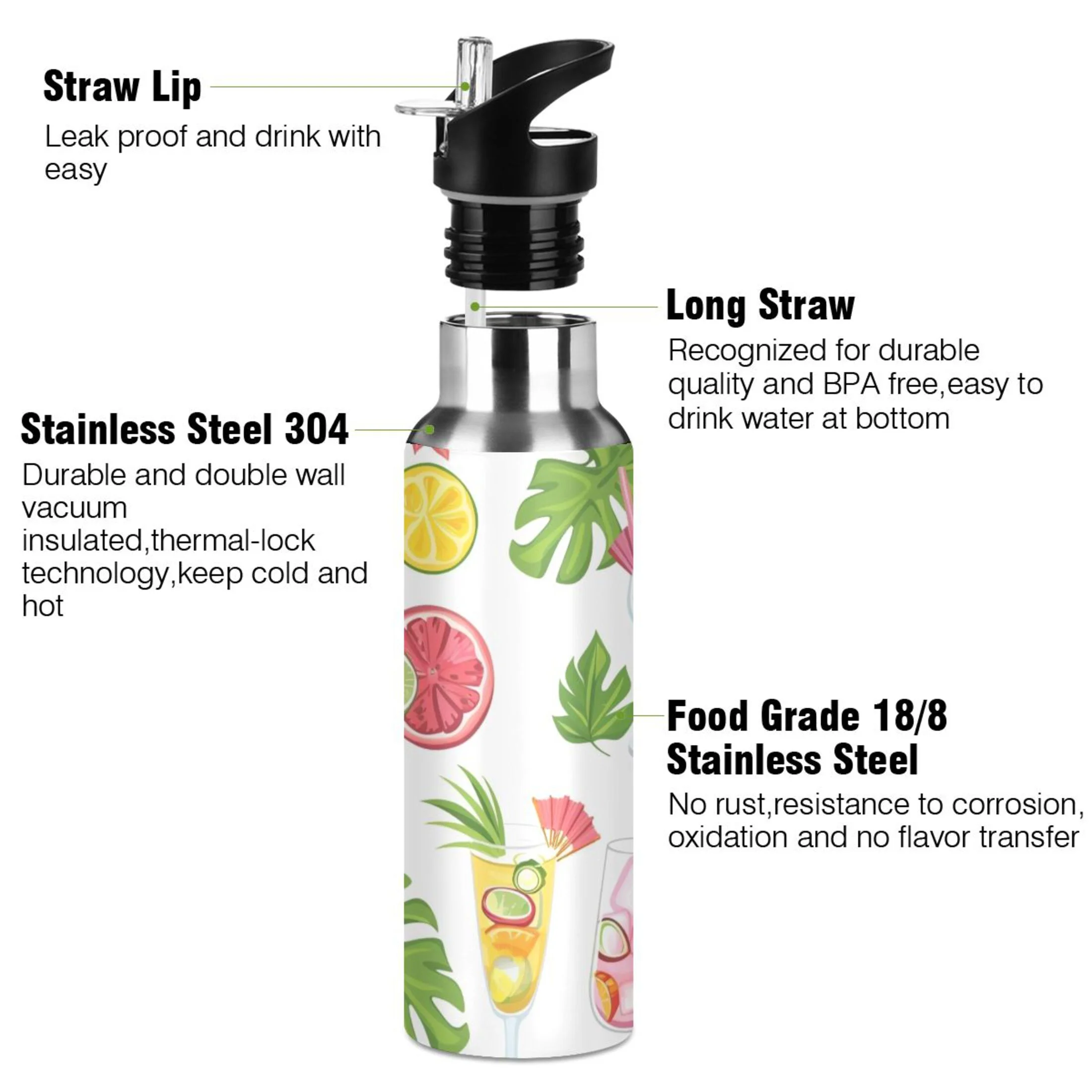 Palm Leaves and Juice Water Bottles Insulated Thermos Kids Stainless Steel Bottle with Straw Lid Flask Leakproof for Sports Gym 20 oz