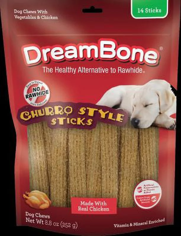 Dreambone Churro-Style Sticks 14 Count, Made with Real Chicken, Rawhide-Free Chews for Dogs