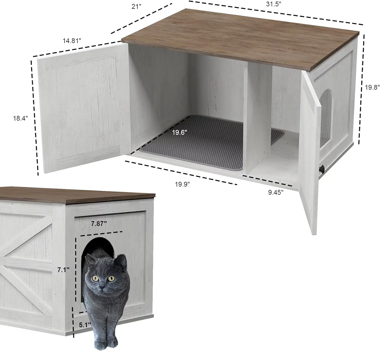 Cat Litter Box Enclosure with Cat Litter Trapping Mat, Indoor Cat House, End Table White