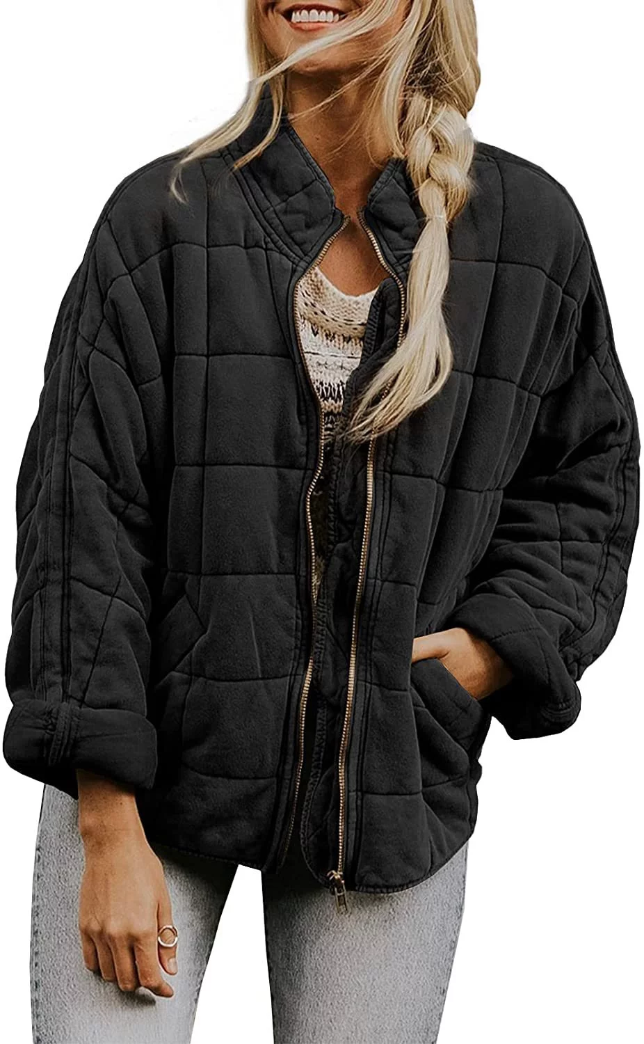 Womens Lightweight Quilted Jacket Zip up Long Sleeve Stand Collar Lightweight Coat Dolman Warm Winter Outwears