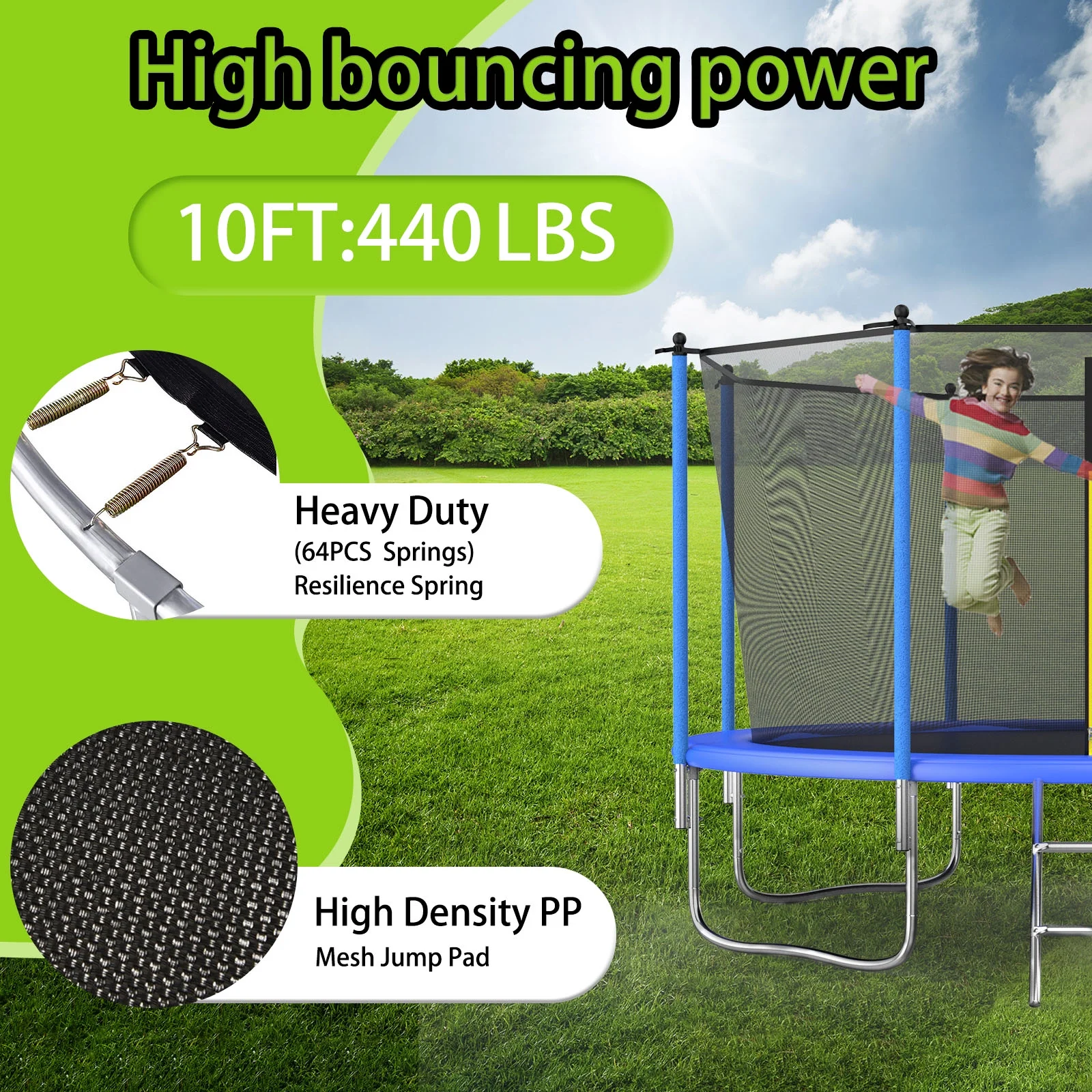 HEVAOTRY Kids Trampoline 10FT Round Trampoline with Basketball Hoop Safety Enclosure Net Ladder Padding-In Net