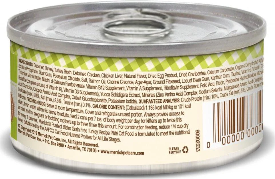 Merrick Purrfect Bistro Grain Free Wet Cat Food Turkey Recipe Pate 5.5oz, case of 24