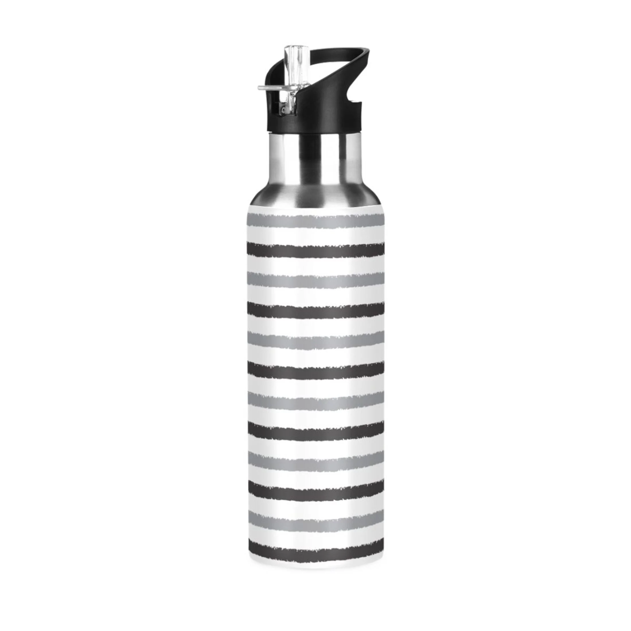 Stainless Steel Water Bottle Gray White Stripes with Straw Lid Vacuum Insulated Leak Proof Flask Jug for Gym Travel Sports Cycling Outdoor 20 OZ