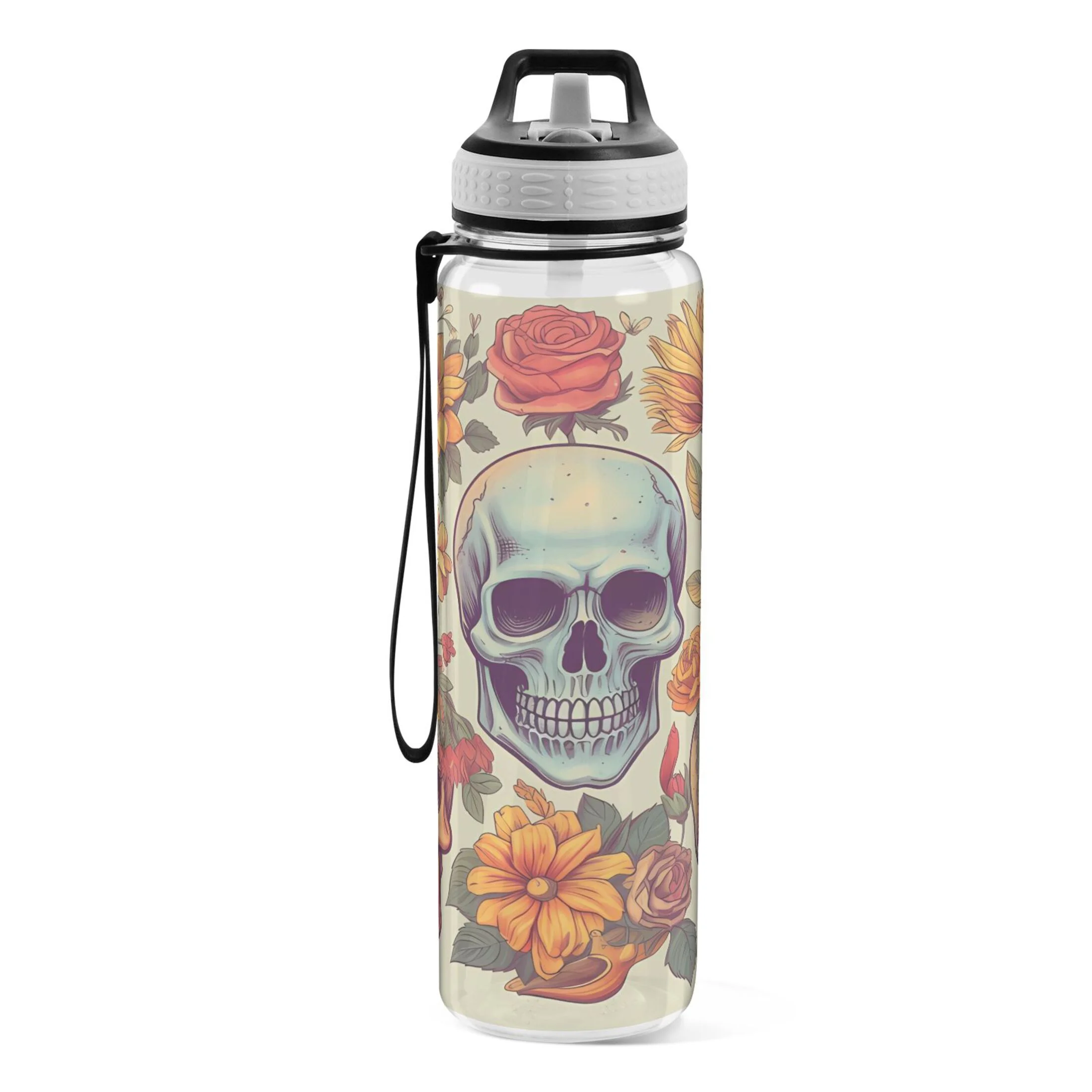 Skulls Skeleton Roses 32oz Water Bottles with Straw Tritan Leakproof Sports Bottle BPA Free Clear for Fitness Gym Swimming Cycling