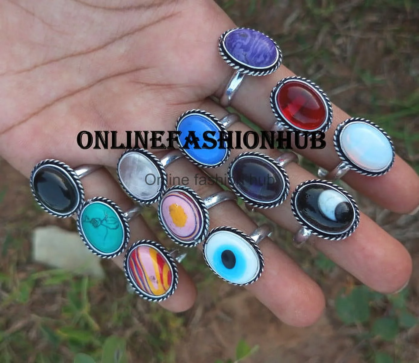 Cherolite & Mix Gemstone 925 Sterling Silver Plated Handmade Ring 5 pcs