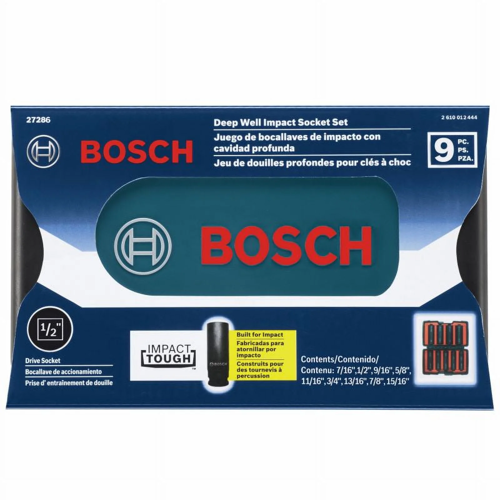 BOSCH 27286 1/2 In. Shank 9-Piece Assorted Set with Brute Tough Case Impact Tough Deep Well Sockets for Applications in High Torque Driving and Fastening