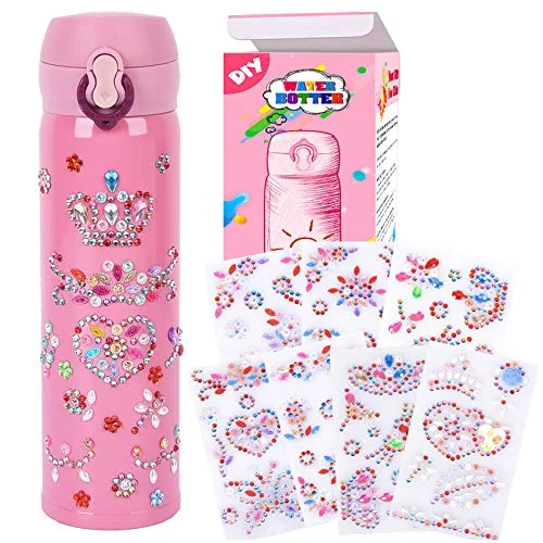 YOFUN Create Your Water Bottle with Tons of Rhinestone Gem Stickers - Craft Kit & DIY Art Set for Children, Gift for Girls - 17 OZ BPA Free Stainless Steel Vacuum Insulated Mug( Pink)