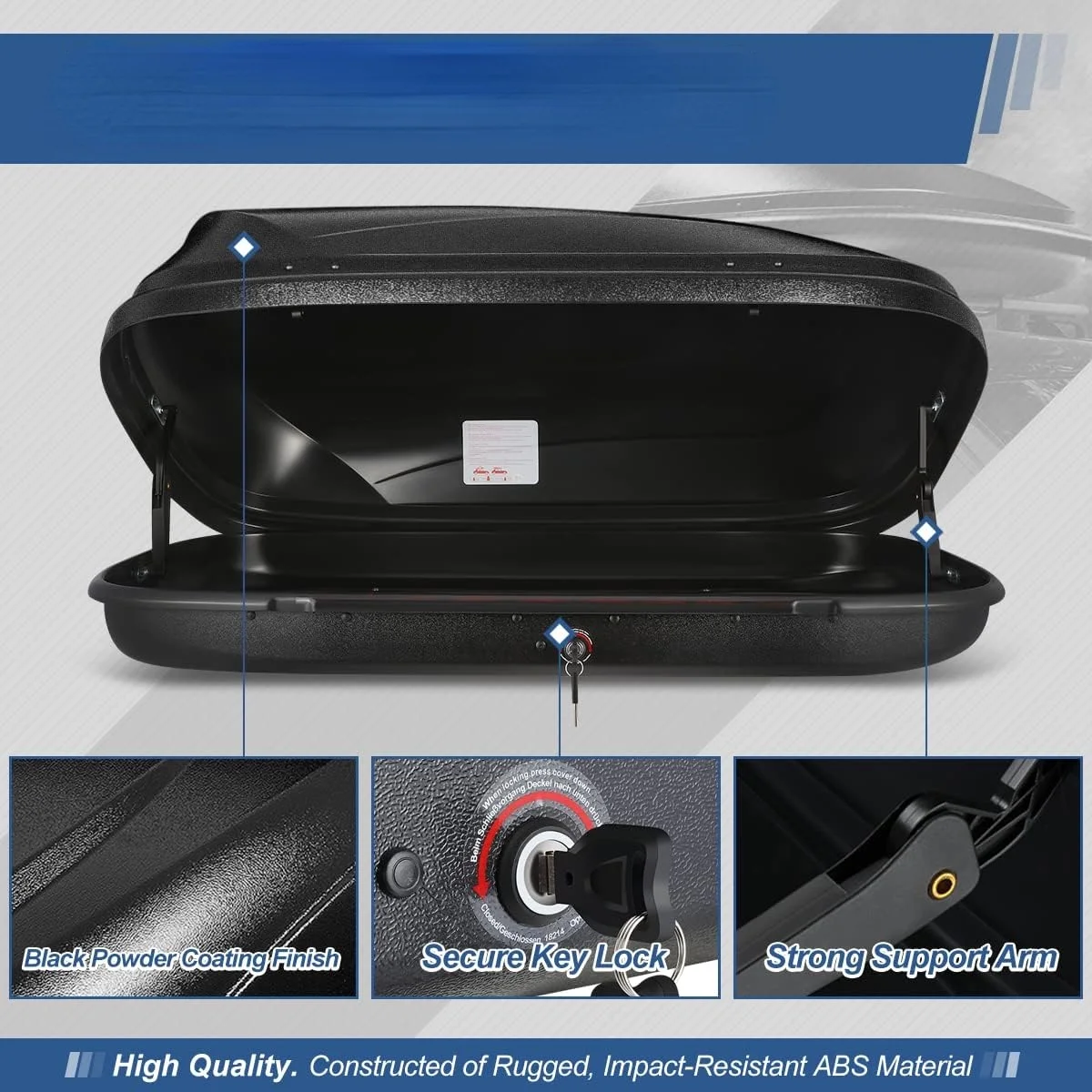 Heavy Duty Hard Shell Roof Top Mount Car Storage Travel Luggage Box Cargo Carrier with Security Keys, 53 (L) x 34 (W) x 15 (H) Inches, Capacity 110 Pounds 11 Cubic Feet Tool-Free Install