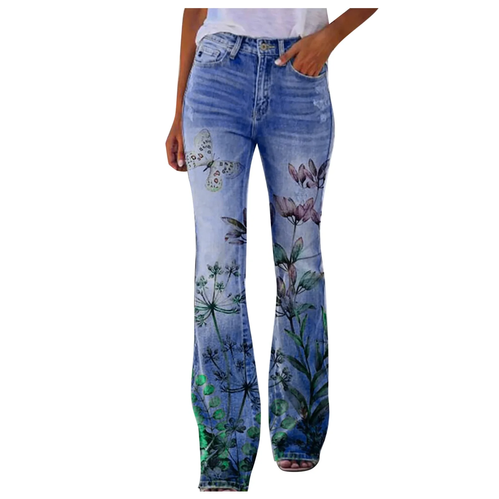 YongANs Women's Color Block Pants Flower Embroidery High Waist Jeans Straight Leg Causal Lounge Pants