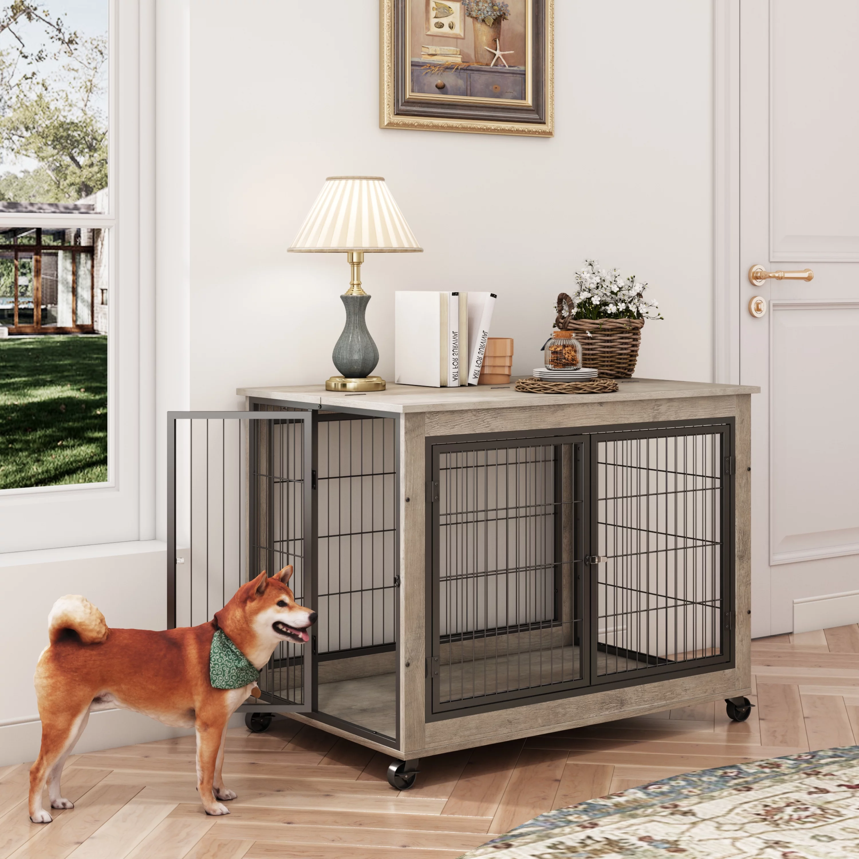 Syngar Dog Crate on Wheels, Wooden Dog Cage with Lockable Double Doors and Lift Top, Modern Home 2-in-1 Dog House End Table Furniture, Dog House for Small/Medium Sized Dogs, Gray, 38.58