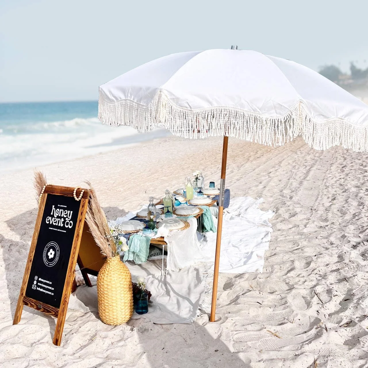 AMMSUN 6.5ft Boho Fringe Beach Umbrella with Tassel Premium Wood Pole UPF50+ UV Protection,White