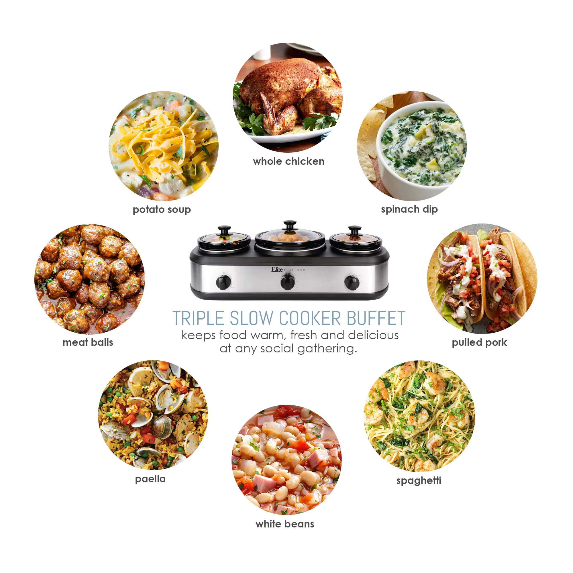 Elite EWMST-415 4-Quart and Two 1.25-Quart Slow Cooker Buffet