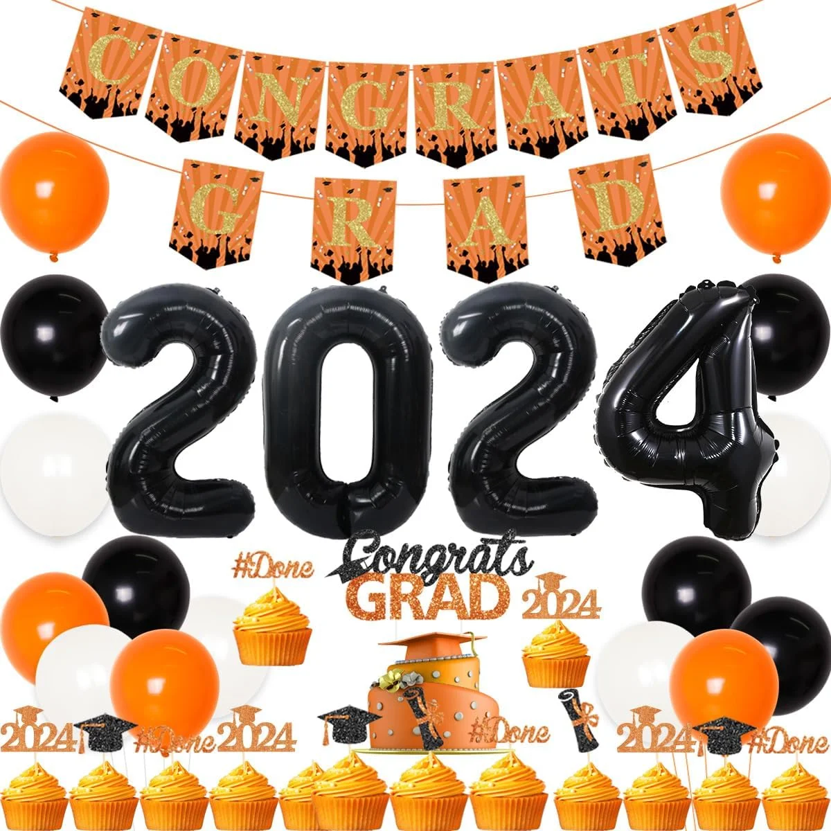 Graduation Decorations 2024 Orange and Black Congrats Grad Party Supplies 2024 Orange Congrats Grad 2024 Banner Cake Topper Black Number 2024 Balloons for College Party